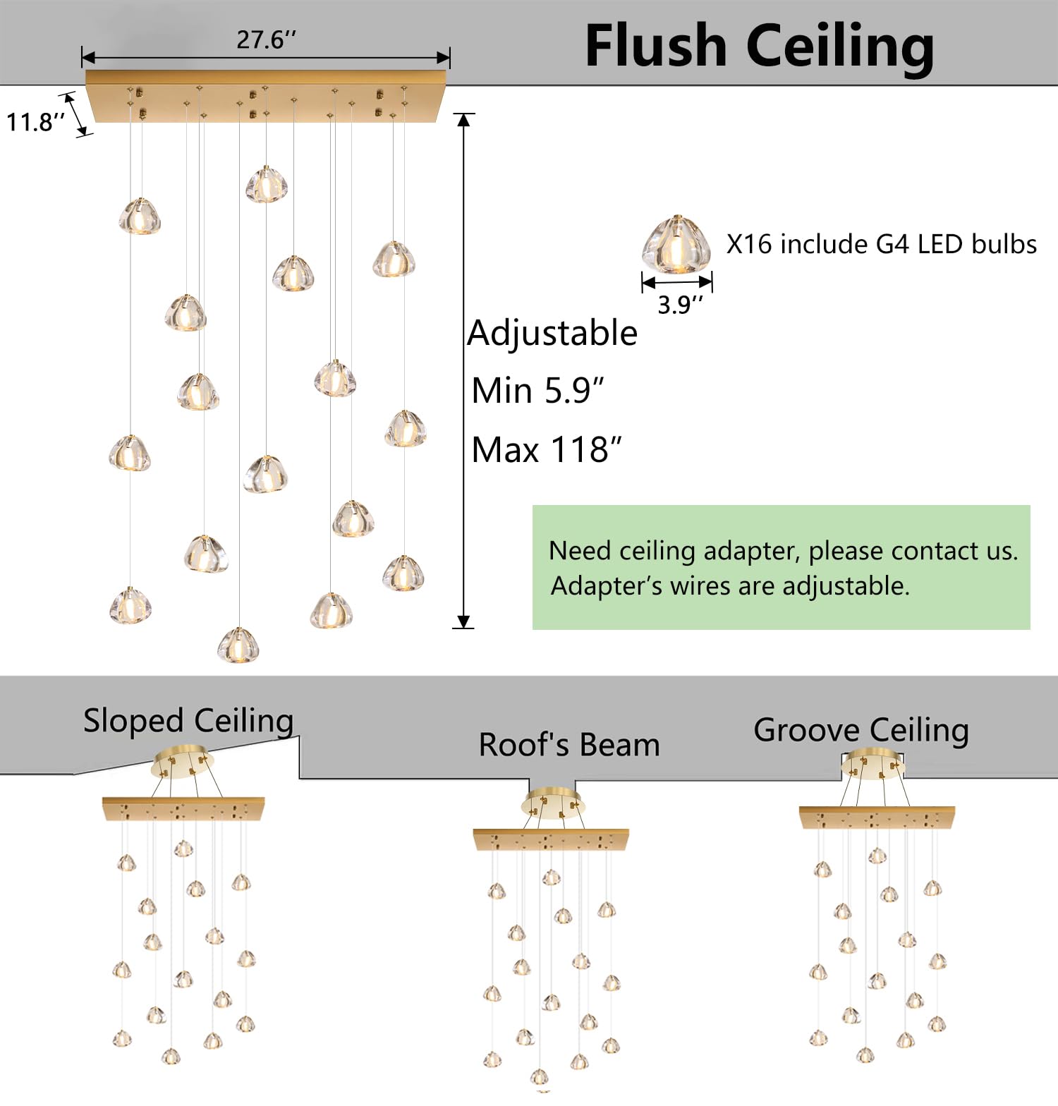 HAIXIANG Rectangular Glam Chandelier, 16 Lights, Dimmable, Antique Gold, Model MMQ9025, High Ceiling Bubble Crystal Pendant Light