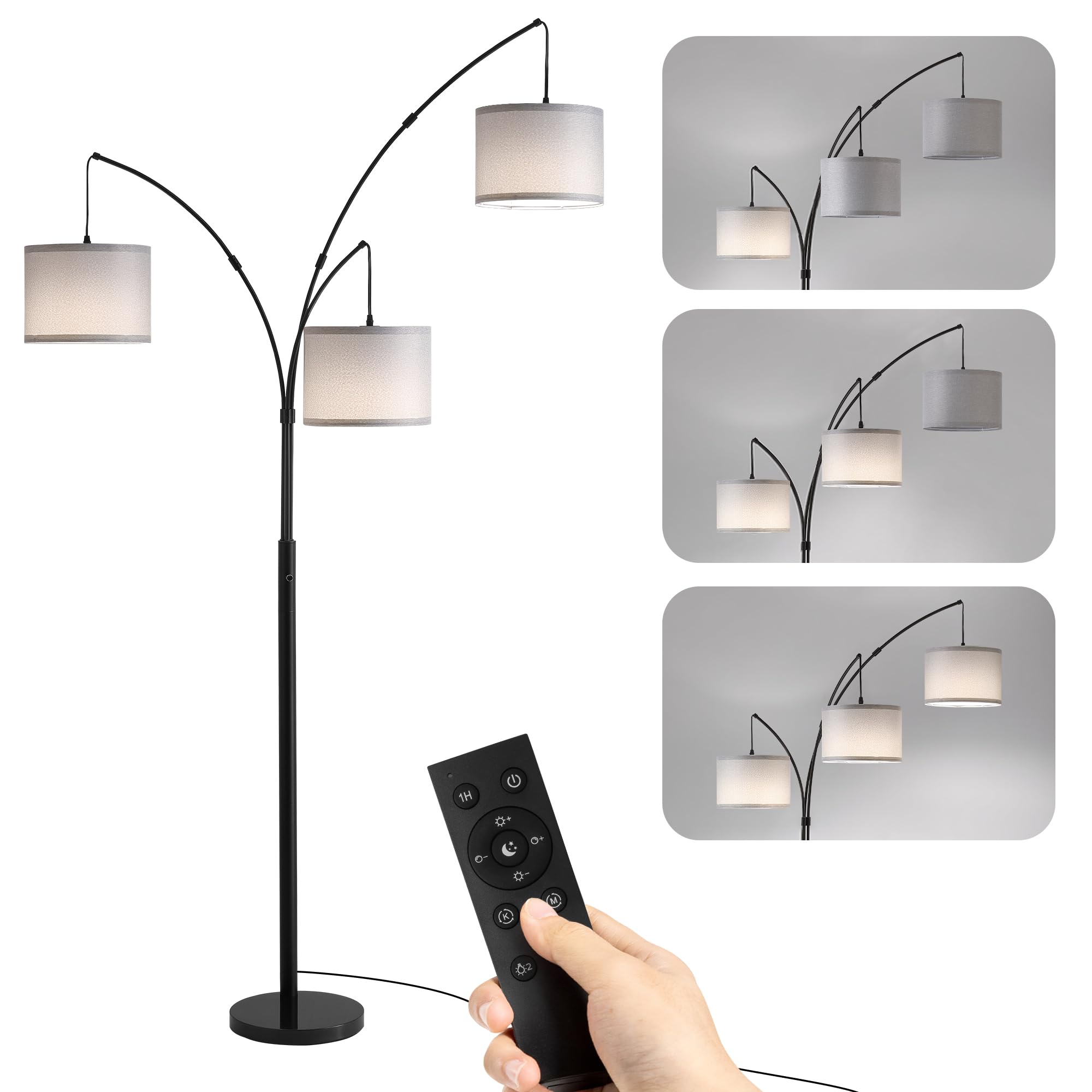 Fansdrick Floor lamp with Remote, 3 Light Arc Floor Lamps for Living Room, 2400LM Tall Standing Floor Lamps with Gray Shades, 80