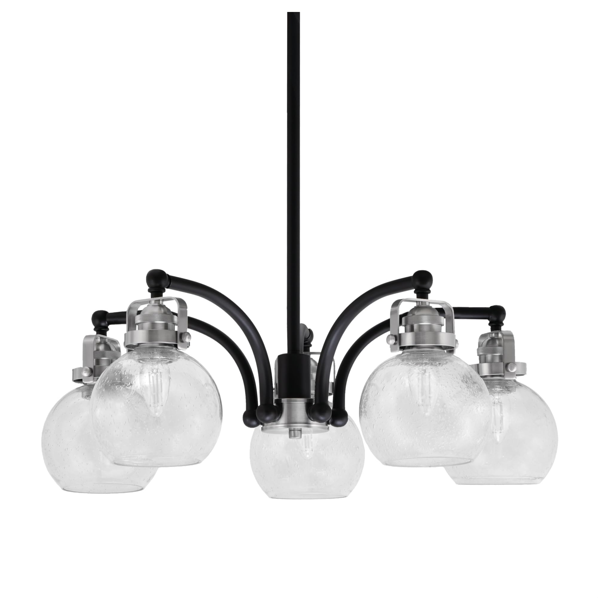 Easton Downlight, 5 Light, Chandelier Shown In Matte Black & Brushed Nickel Finish With 5.75&quot; Clear Bubble Glass