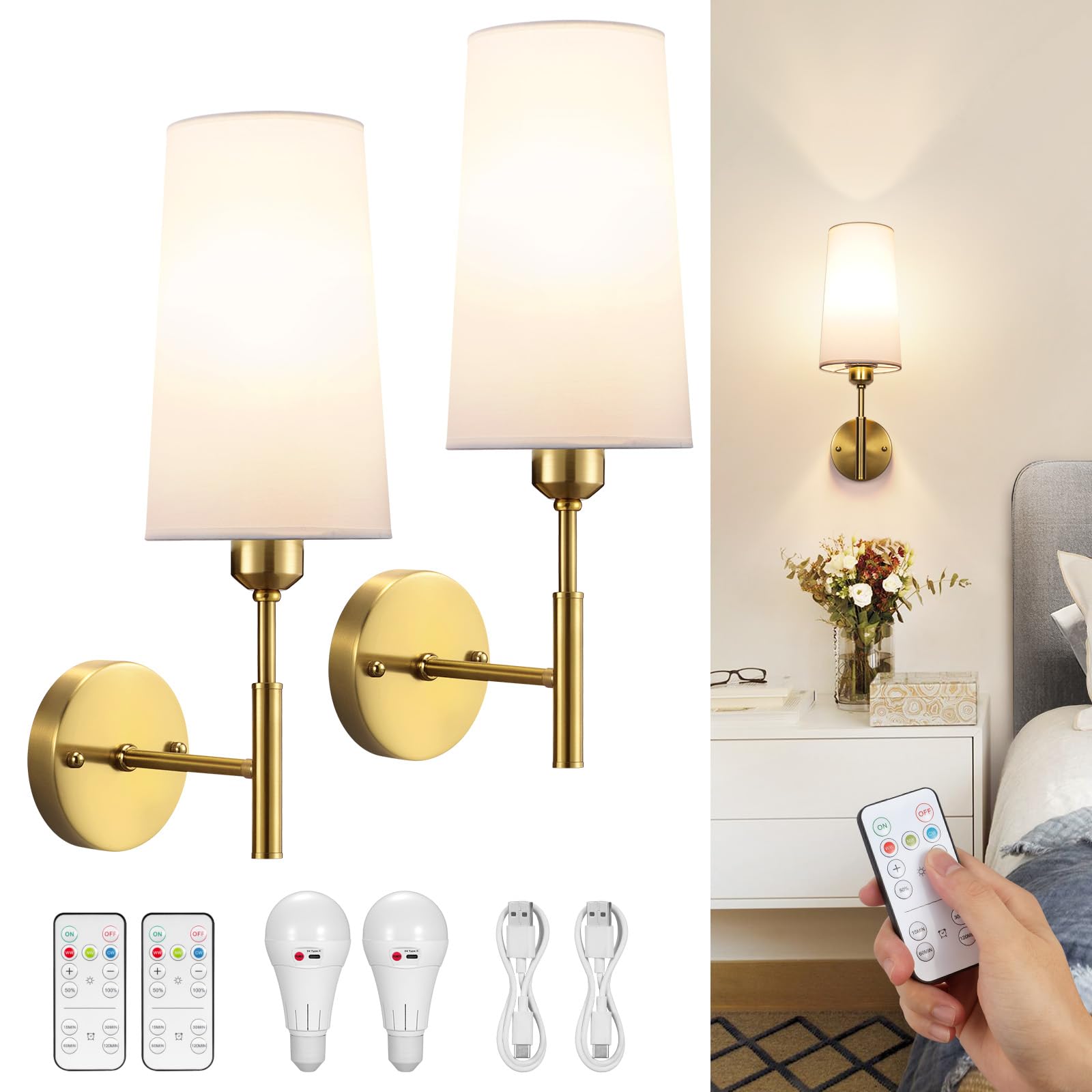 Glitnous Battery Operated Wall Sconce, Rechargeable Wall Sconce with Remote, Dimmable Wireless Wall Sconces Set of Two, Battery