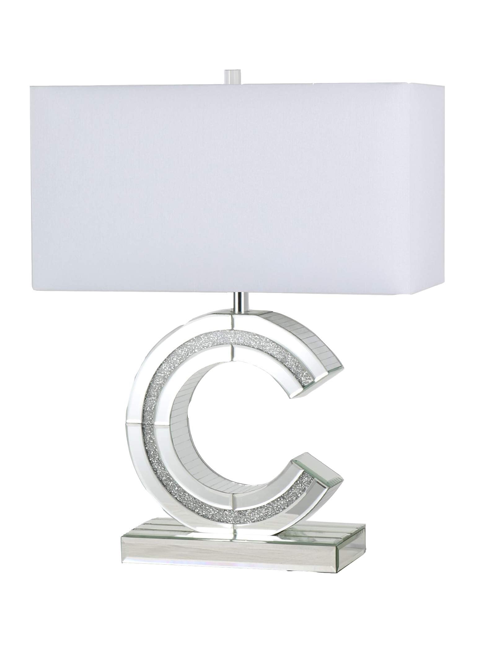 SH Lighting Classic C Shape Mirror Table Lamp with Crushed Diamond Crystal Designed Centerpiece - Feature Large White Linen Shade - 22.5" Tall Fits in Living Rooms, Bedrooms, or Home Offices