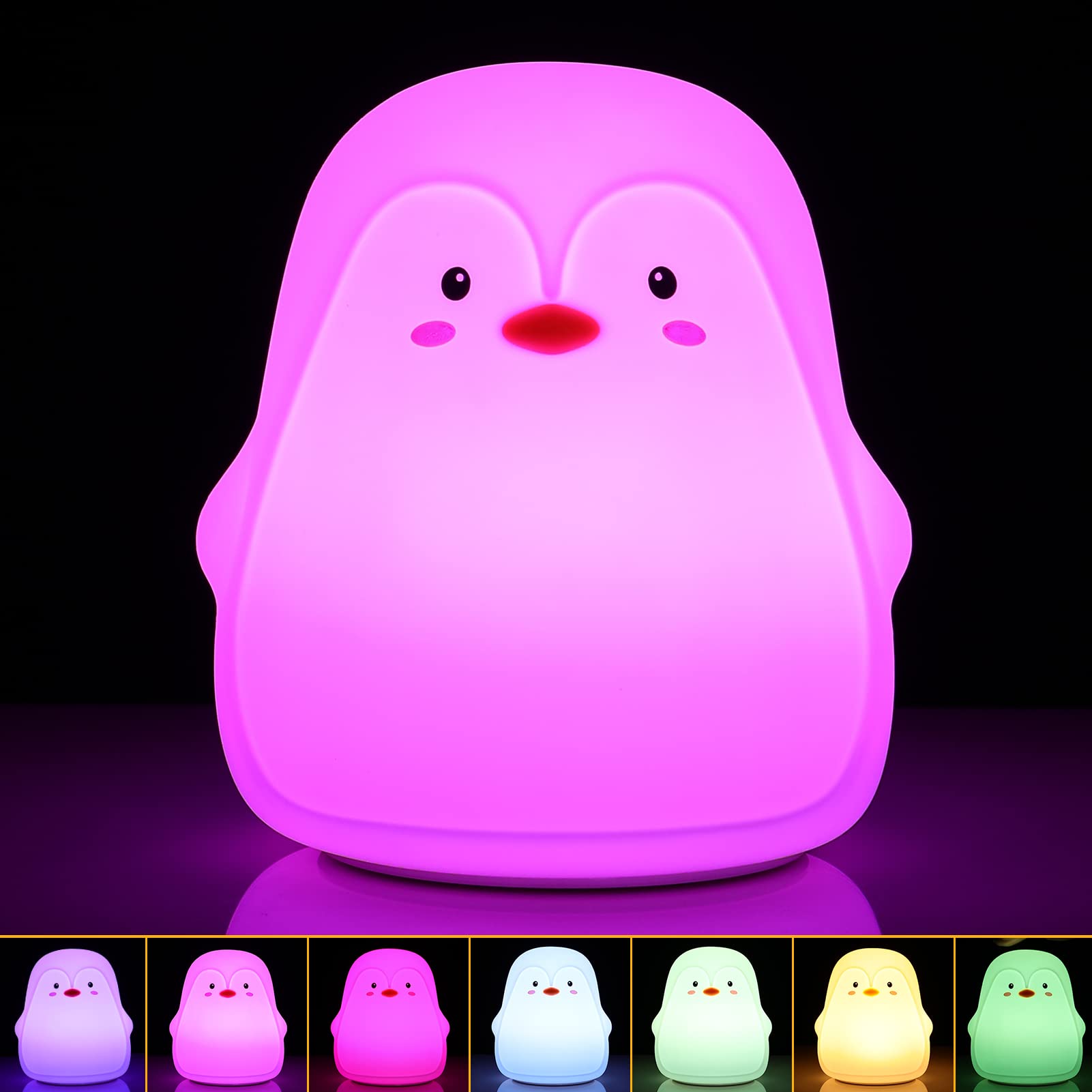 Tremdwoto Penguin Night Light - Soft Silicone Rechargeable Lamp, 7 Colors, Portable Nightlight for Kids, Toddler Bedroom Decor