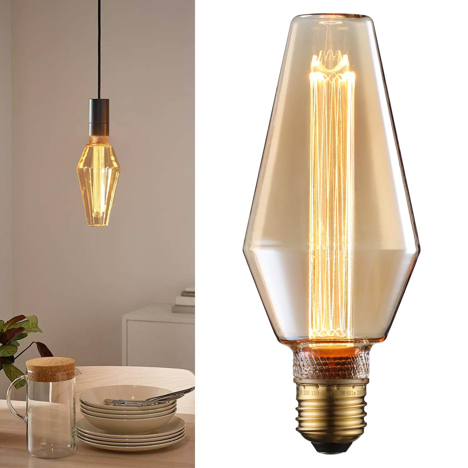 Escena Angular Aesthetics Series Led Decorative Light Bulb, Crystal Trophy Vintage Edison Bulb Dimmable 2.3W, E26, Unique Virtua
