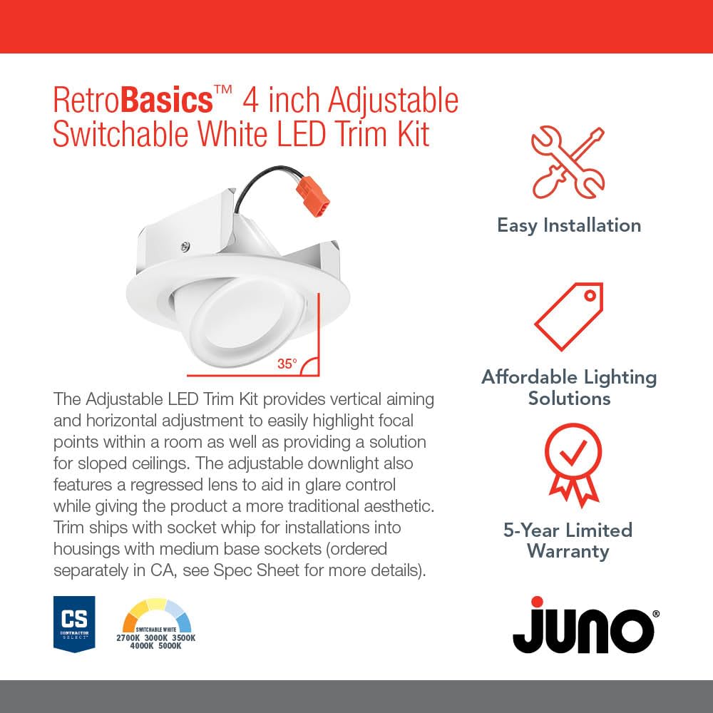 Juno LED Downlight Trim Kit, 4-Inch Adjustable, Switchable CCT 2700K-5000K, Model RB4A SWW5 MW M6, Matte White