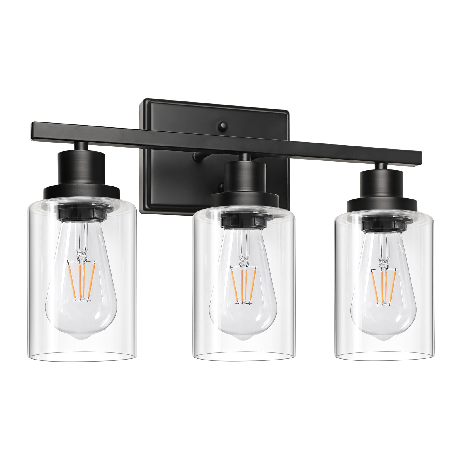 Ascher Bathroom Vanity Light Fixtures, 3 Light Wall Sconces Lighting With Clear Glass Shade, Black Wall Lights For Mirror, Kitch