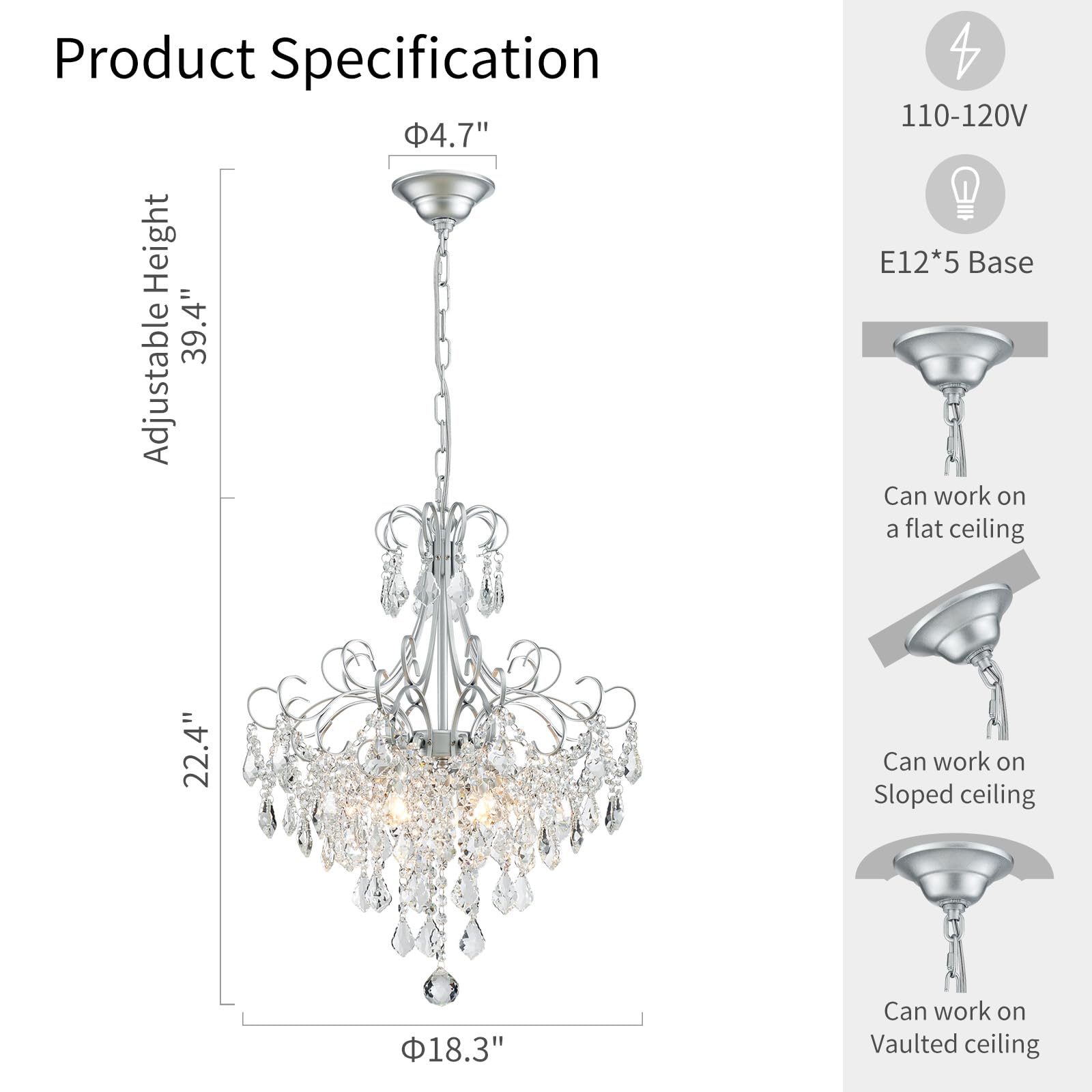 WUZUPS 5-Light Crystal Chandelier Pendant Ceiling Light, 22.4" H x 18.3" W, Silver Metal, Modern Fixture for Dining Room, Hallway, Kitchen