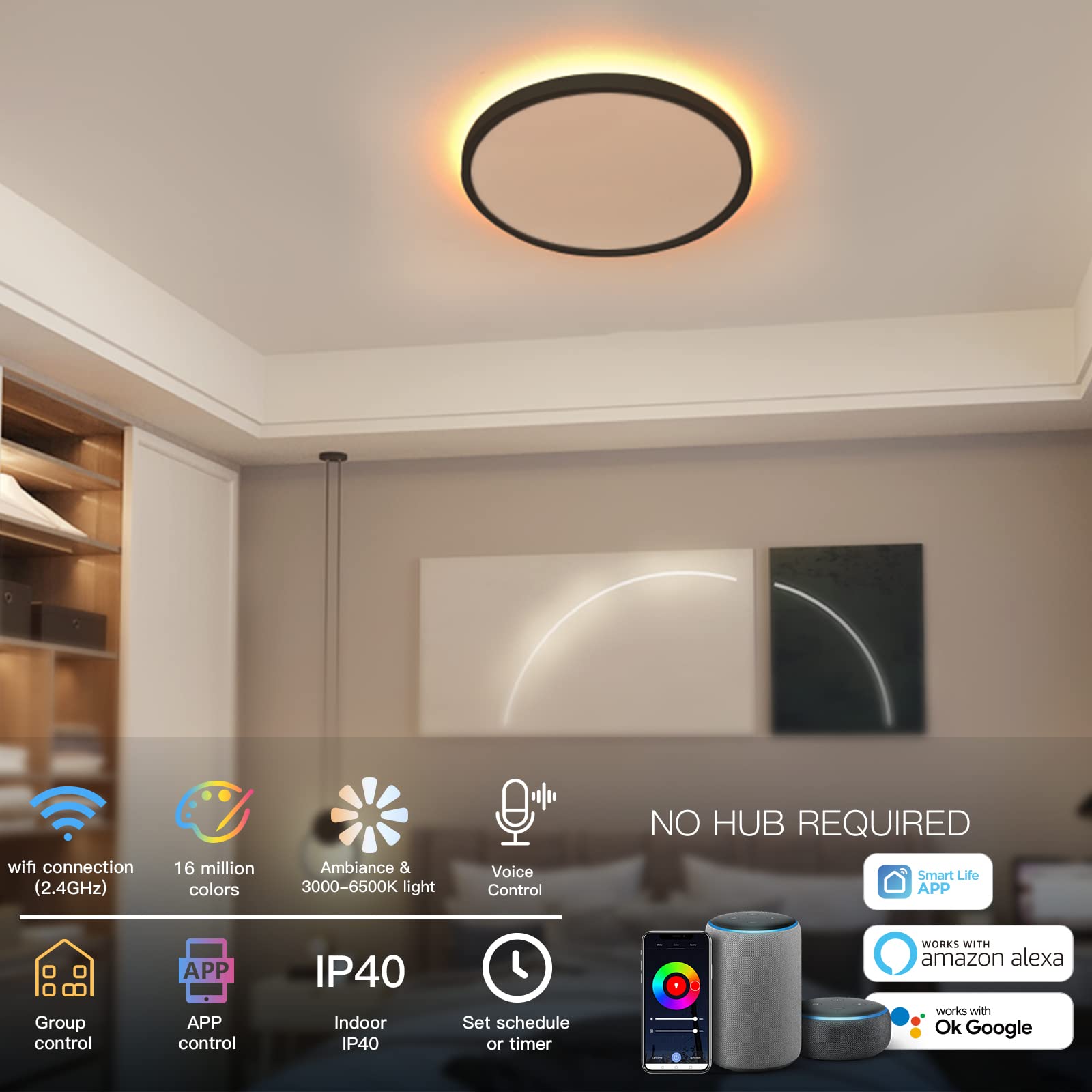 Taloya 2 Pack Black Smart Ceiling Light Flush Mount Led Wifi, Compatible With Alexa Google Home, Dimmable Low Profile Ambient Li