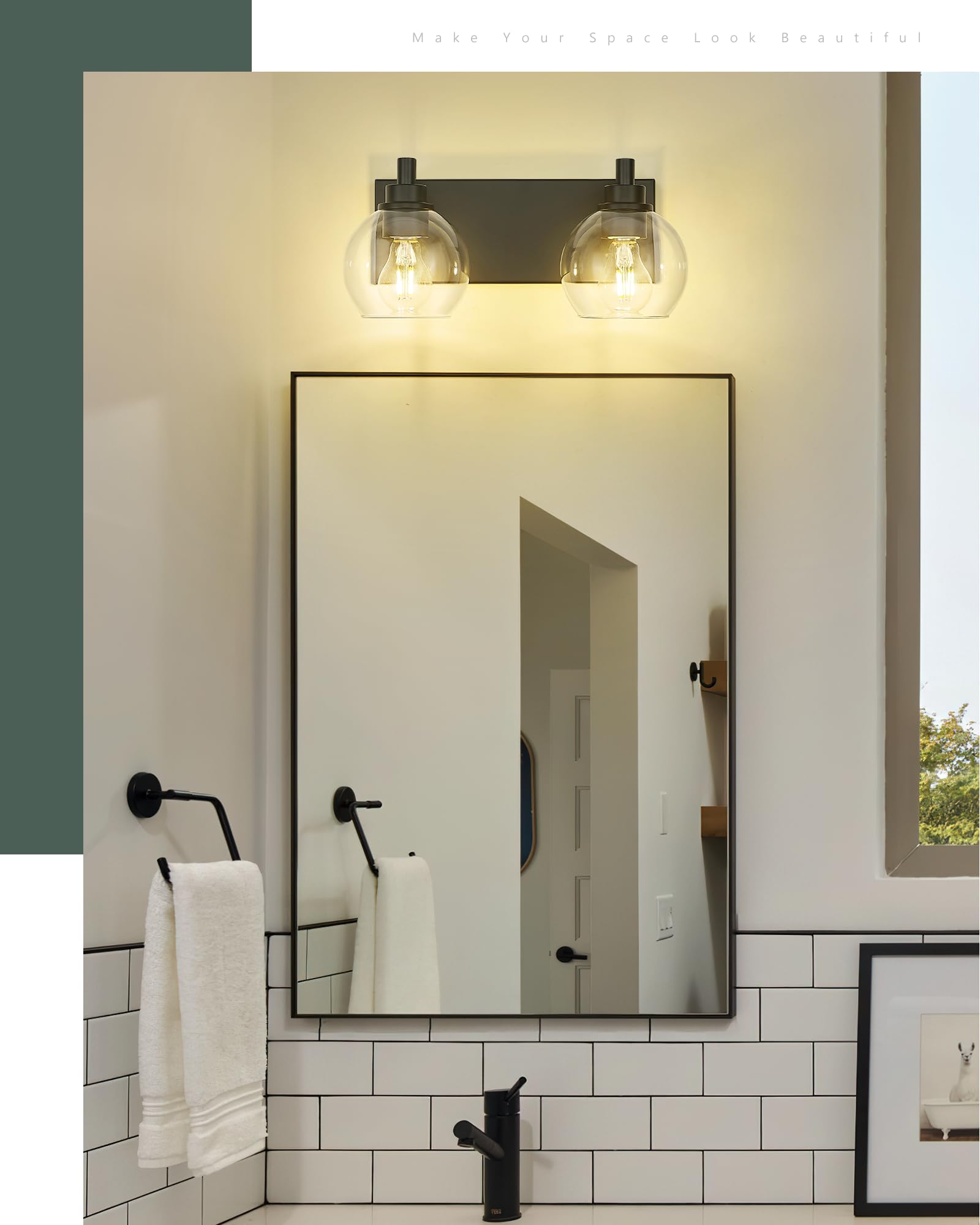Metwet Bathroom Light Fixtures, 2 Light Matte Black Vanity Light, Modern Wall Sconces With Clear Glass Globe Shade, Bathroom Wal