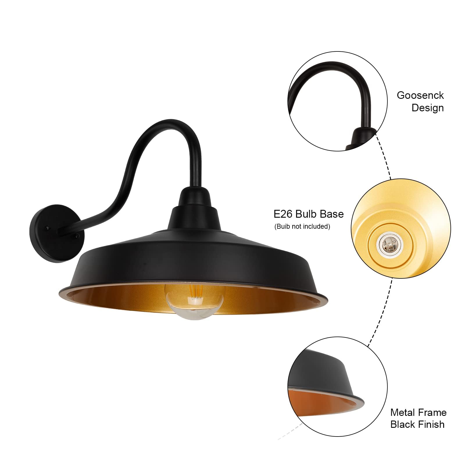 Diyel Gooseneck Barn Light Fixture, 16 Inch, Iron, Black & Gold, Wall Mount, 3 Pack, Model RZ020
