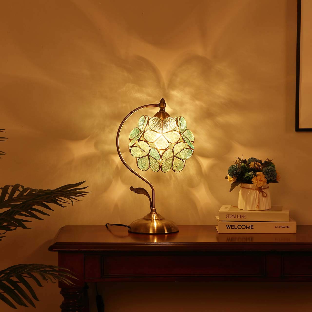 Bieye Tiffany Style Stained Glass Table Lamp, Light Blue Cherry Blossom, 8" Petal Design, Brass Base for Home Décor