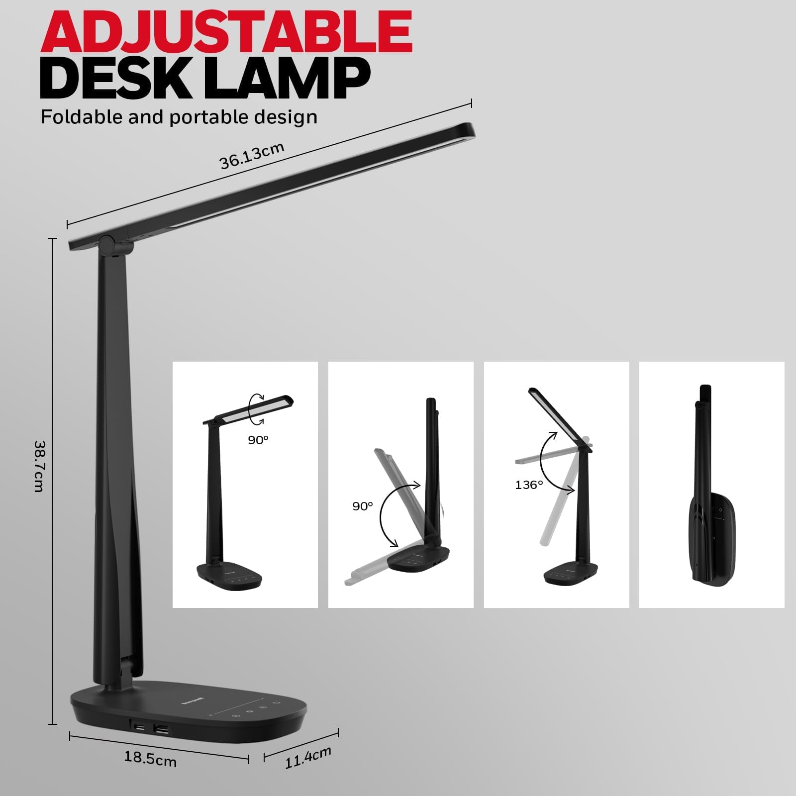 Honeywell LED Desk Lamp HWT-H2B, Dimmable, USB A+C Ports, Eye-Caring, Foldable, 4 Color Modes, Black