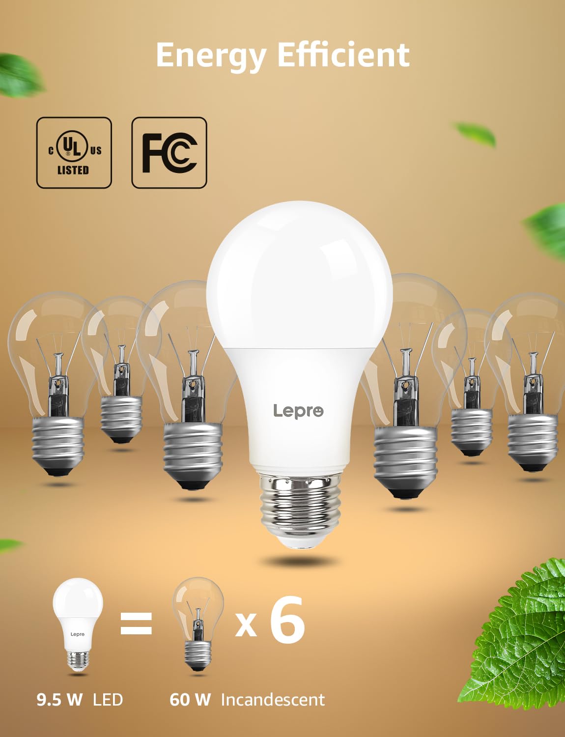 Lepro Dimmable LED Light Bulbs 60W Equivalent, 9.5W 800LM, A19 E26, Warm White 2700K, 5 Pack