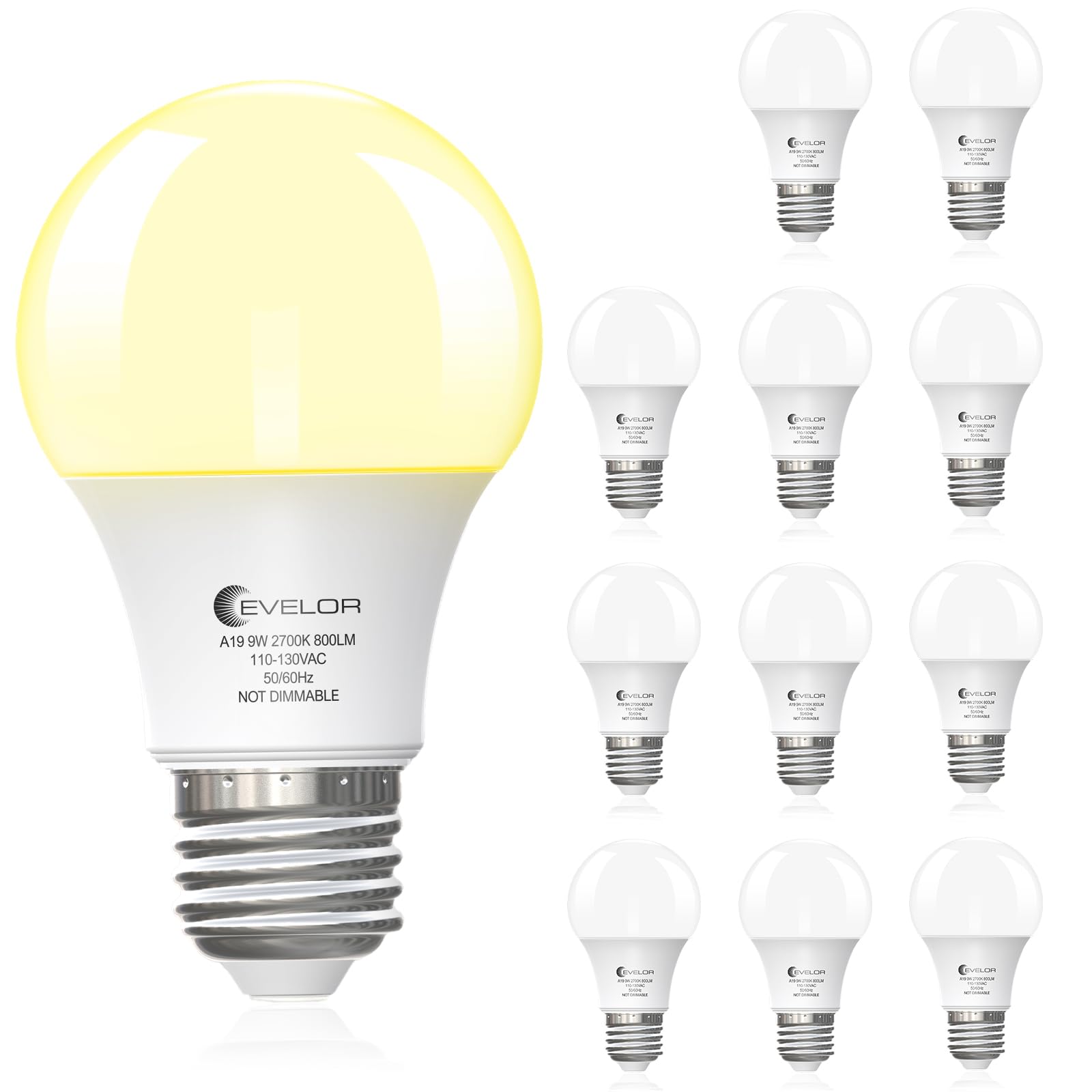 Evelor A19 Led Light Bulbs,60 Watt Equivalent Soft White 2700K With E26 Base,Efficient 9W,800 Lumens Non-Dimmable Warm White Led