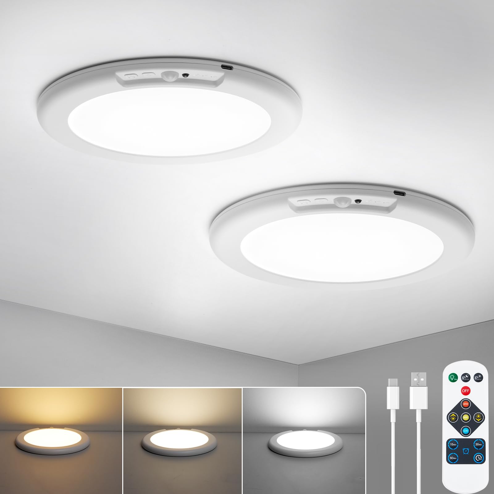 Combuh 2Pack Rechargeable Motion Sensor Closet Light, Battery Operated Ceiling Light with Remote, Dimmable Timing Cordless Showe