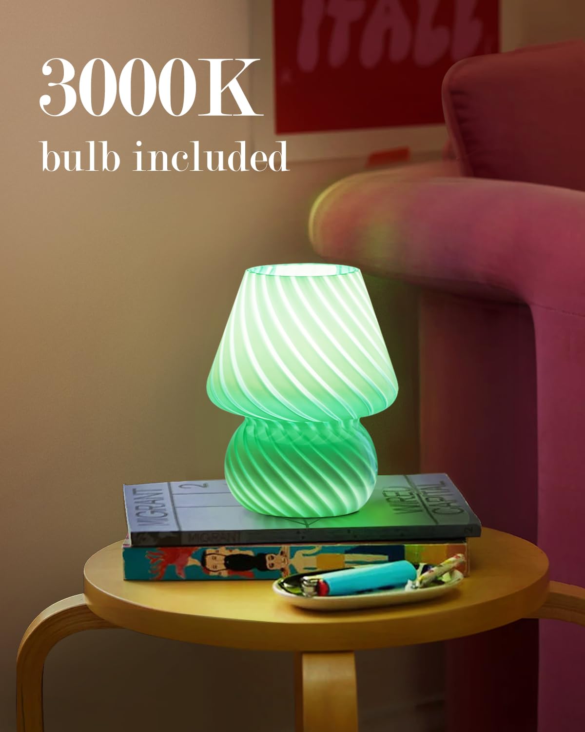 ONEWISH Mushroom Lamps Set of 2 - Small Table Lamp with Striped Glass, Nightstand Lamp for Bedroom, Living Room, Cafe, Office, B