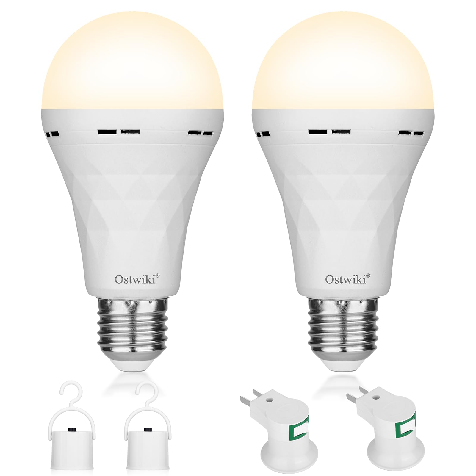 Ostwiki 2 Pack Rechargeable Emergency Light Bulbs,Battery Operated Light Bulb For Power Outage Hurricane Camping 9W E27 3000K Wa