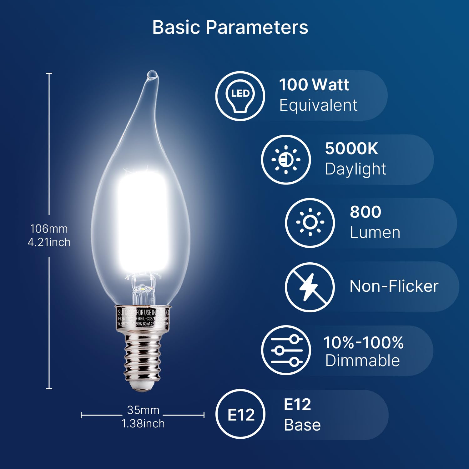 Flsnt Led Candelabra Light Bulbs, Ca11 E12 Chandelier Led Light Bulbs 100W Equivalent, 5000K Daylight, 800Lm, 5.5W, Cri 82+, Ac