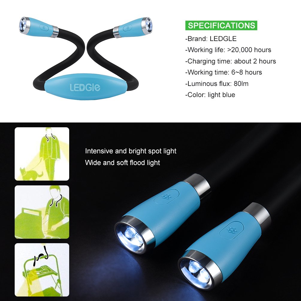LEDGLE Neck Reading Light - Rechargeable, 4 LED Bulbs, 3 Brightness Levels, Flexible Silicone Arms, Sky Blue, Model NBL1