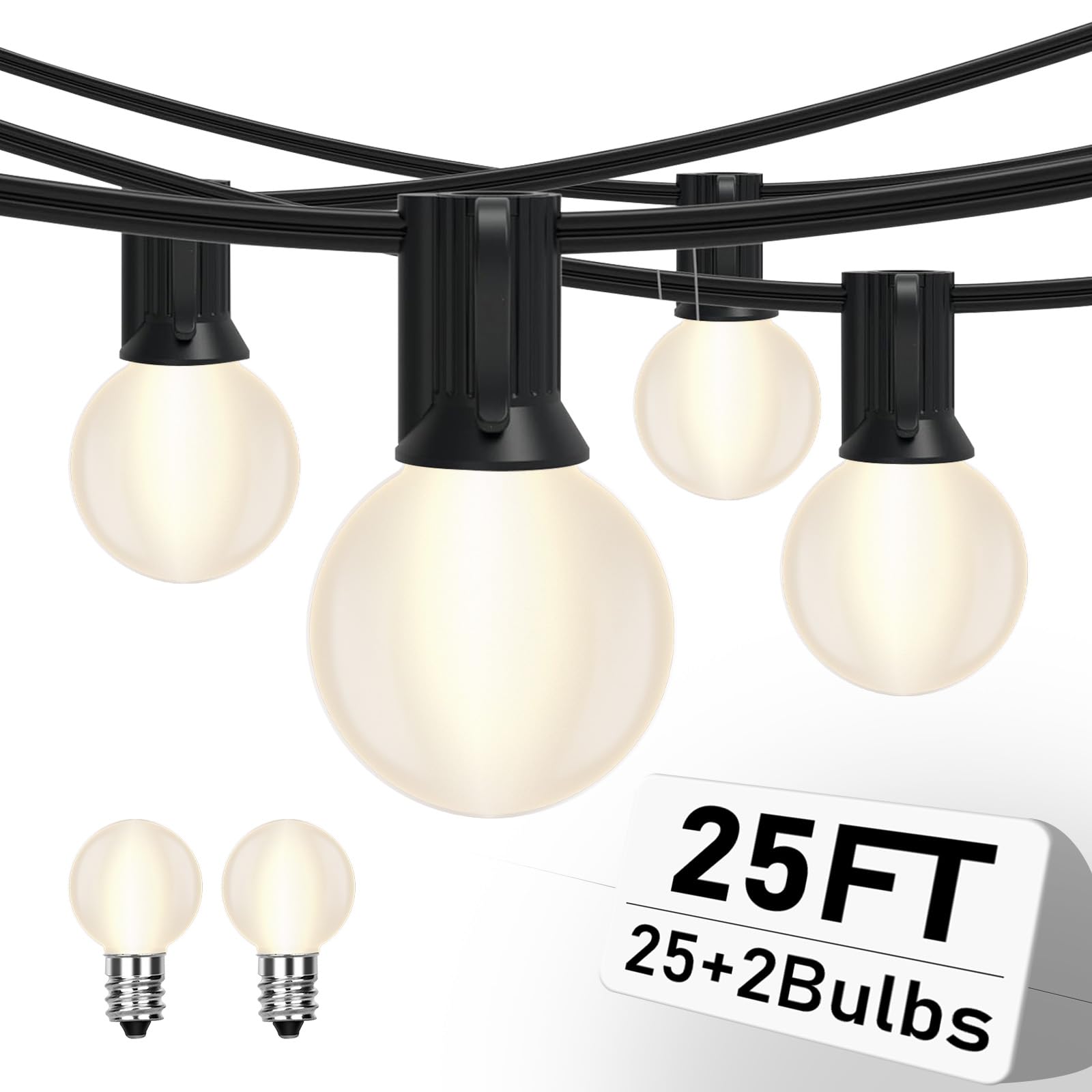 Romasaty 25FT Frosted White Lights G40 Globe Outdoor String Lights Patio Lights with 25 Frosted White Globe Bulbs - Black Wire