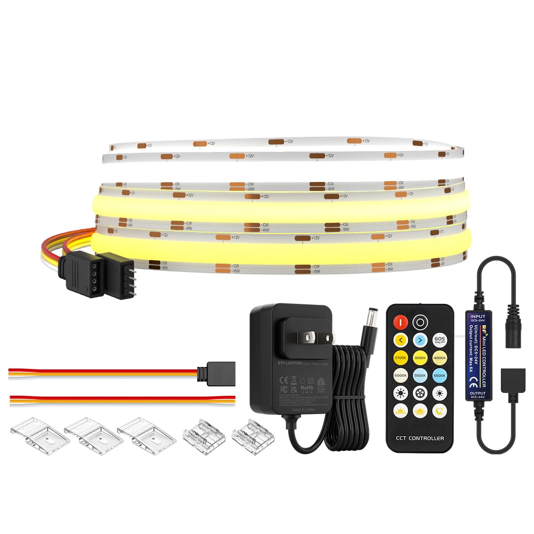 Btf-Lighting Fcob 24V Led Strip Kit, 640Led/M, 9.84Ft, Dimmable, Tunable 3000K-6000K,