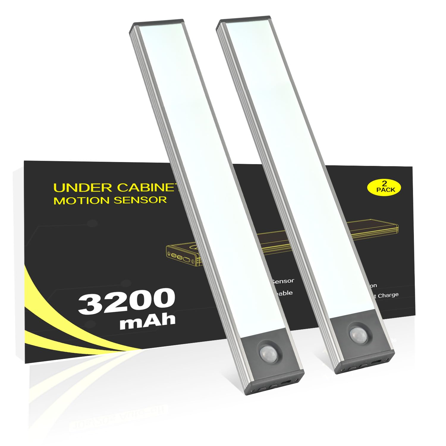 Under Cabinet Lighting  3200mAh Wireless Motion Sensor Light Indoor  180lm Rechargeable Battery Operated LED Closet Lights  Magnetic Under Counter Lights for Kitchen Stair (8 Inch  Cool White  2 Pack)