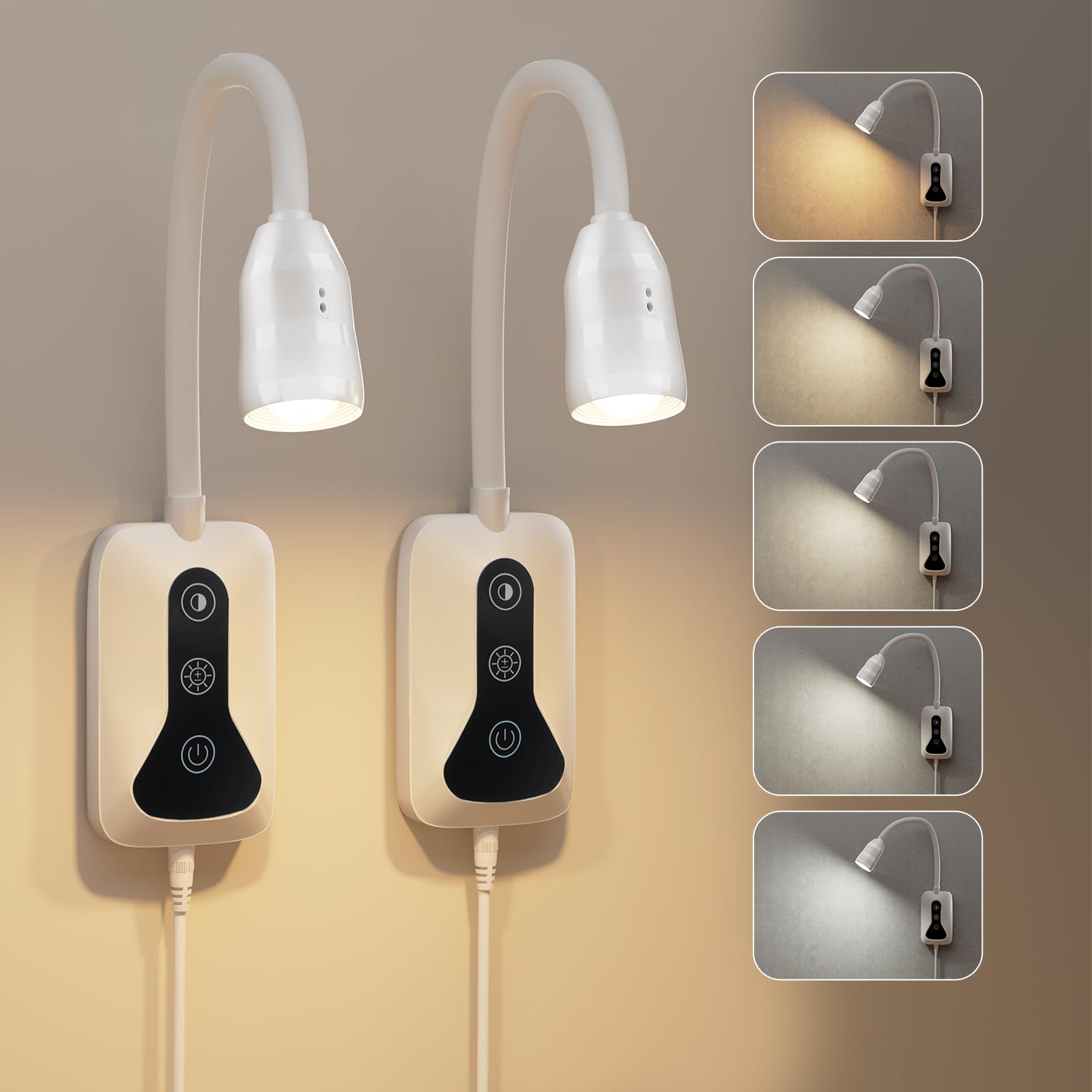 HUAEU 2 Pack Wall Mounted Headboard Reading Light, LED Dimmable Touch Control, Flexible Gooseneck, Ideal for Bedside, Office, or