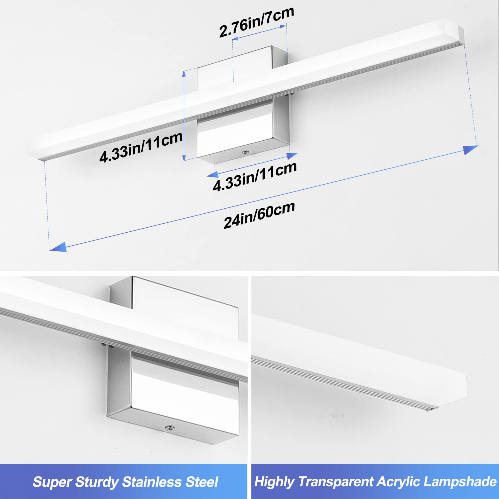 Combuh LED Vanity Lights Bar, 24 Inch, 14W, IP44, Cool White 6000K, SUS304 Stainless Steel, Modern Wall Sconces for Bathroom