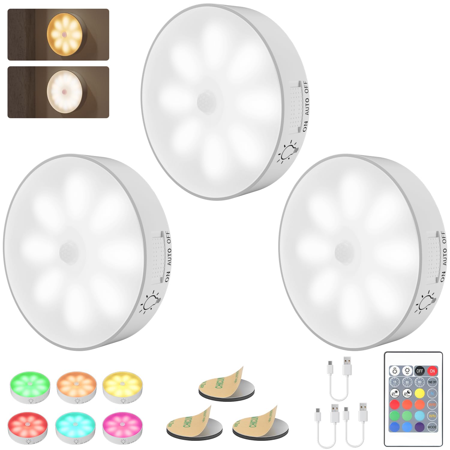 Electight LED Under Cabinet Lights  Motion Sensor Lights Indoor with Remote  1000 mAh Rechargeable  3 Color Temps & 10 RGB Dimmable Puck Light  Closet Lights Night Light for Kitchen  Hallway (3 Packs)