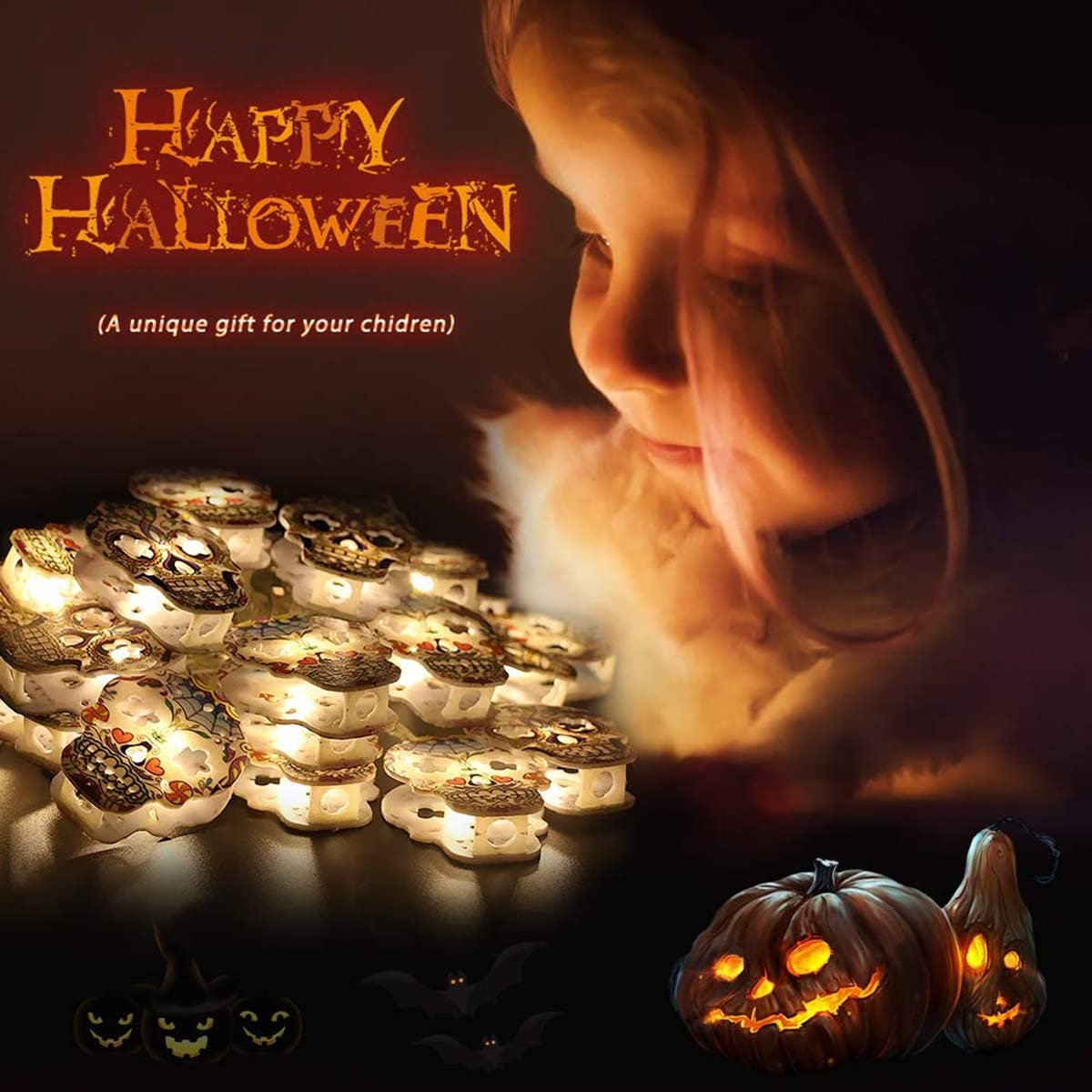 Lingsfire Halloween String Lights Led Skull Lights String 14.7Ft 30 Leds Battery Operated 2 Modes Steady On & Flash Halloween Lights Outdoor Indoor For Halloween Decorations, Festivals, Parties