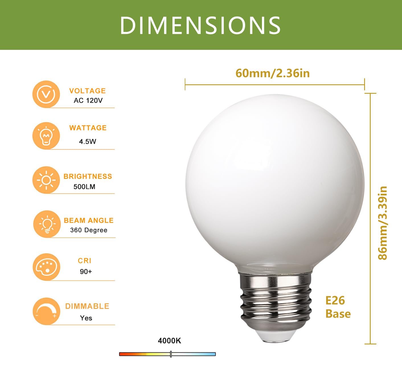 Meilux 6 Pack G19(G60) Led Globe Light Bulbs, 4.5W Dimmable 40 Watt Equivalent Led Bulbs, Neutral White 4000K, 500Lm, E26 Base M