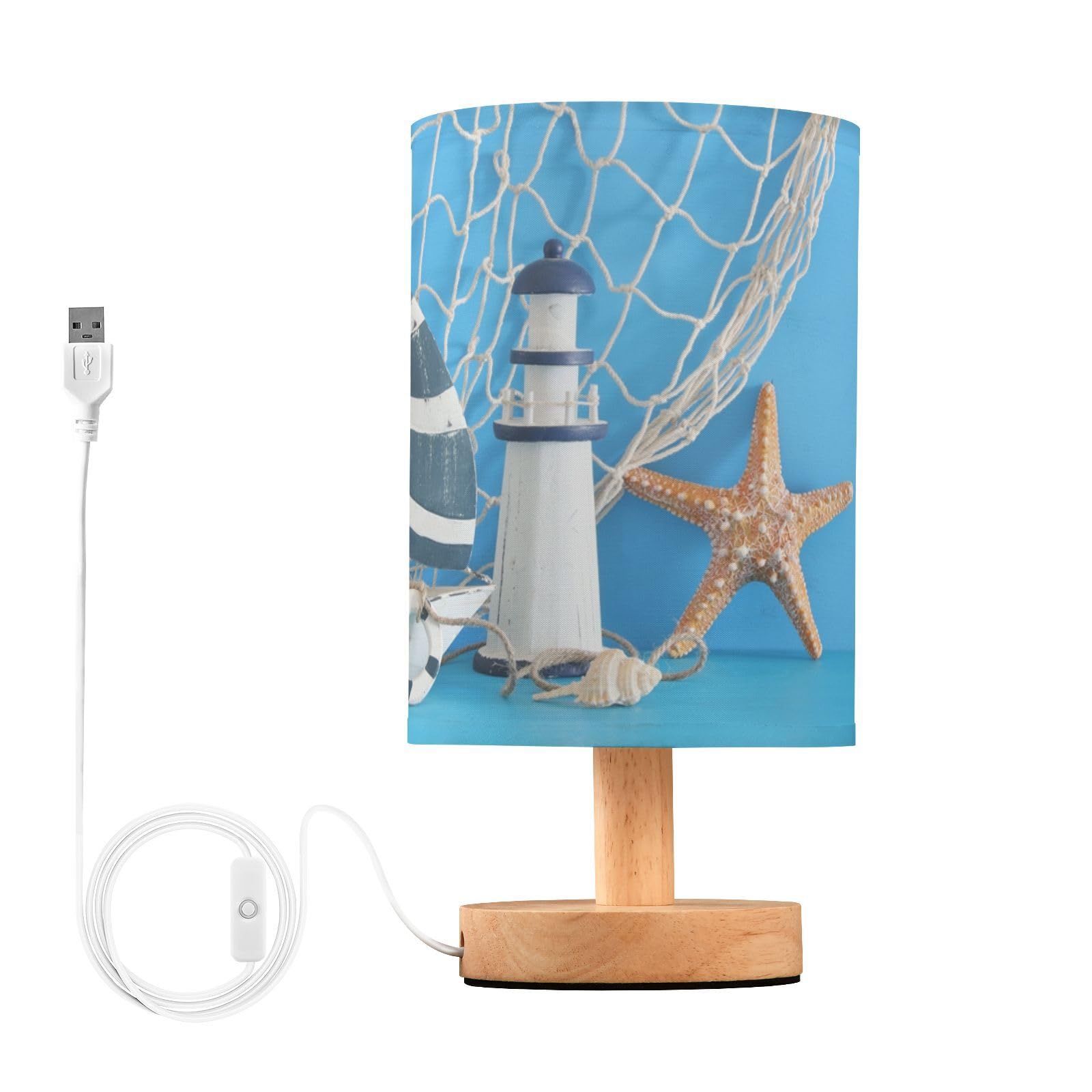 YYZZH Table Lamp Nautical Sailboat Lighthouse Starfish Seashell Fishnet Blue Wood Nightstand Lamp with Wood Base Fabric Lamp Sha