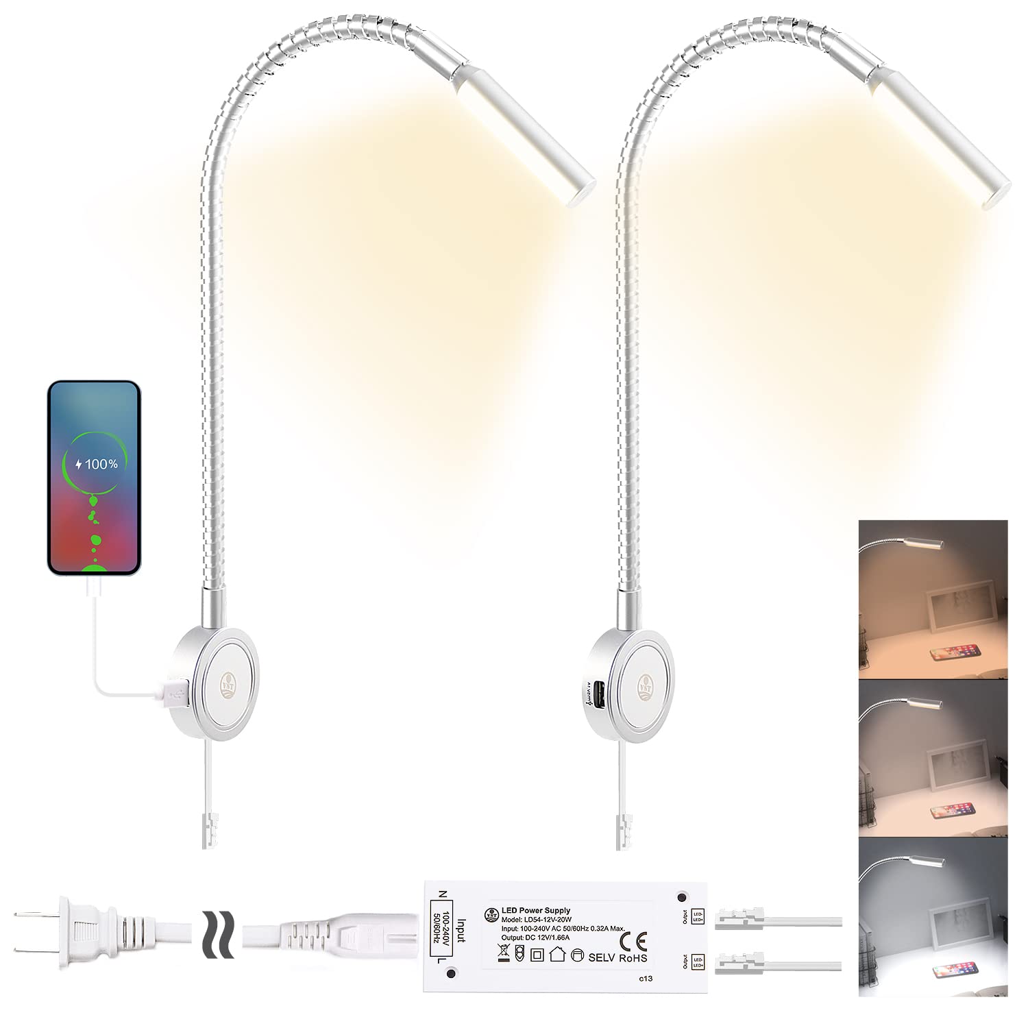 VST Headboard Reading Lamp, Touch Color Temp (3000K/4000K/6000K), USB/Type-C, 2 Pack, Silver, Aluminum