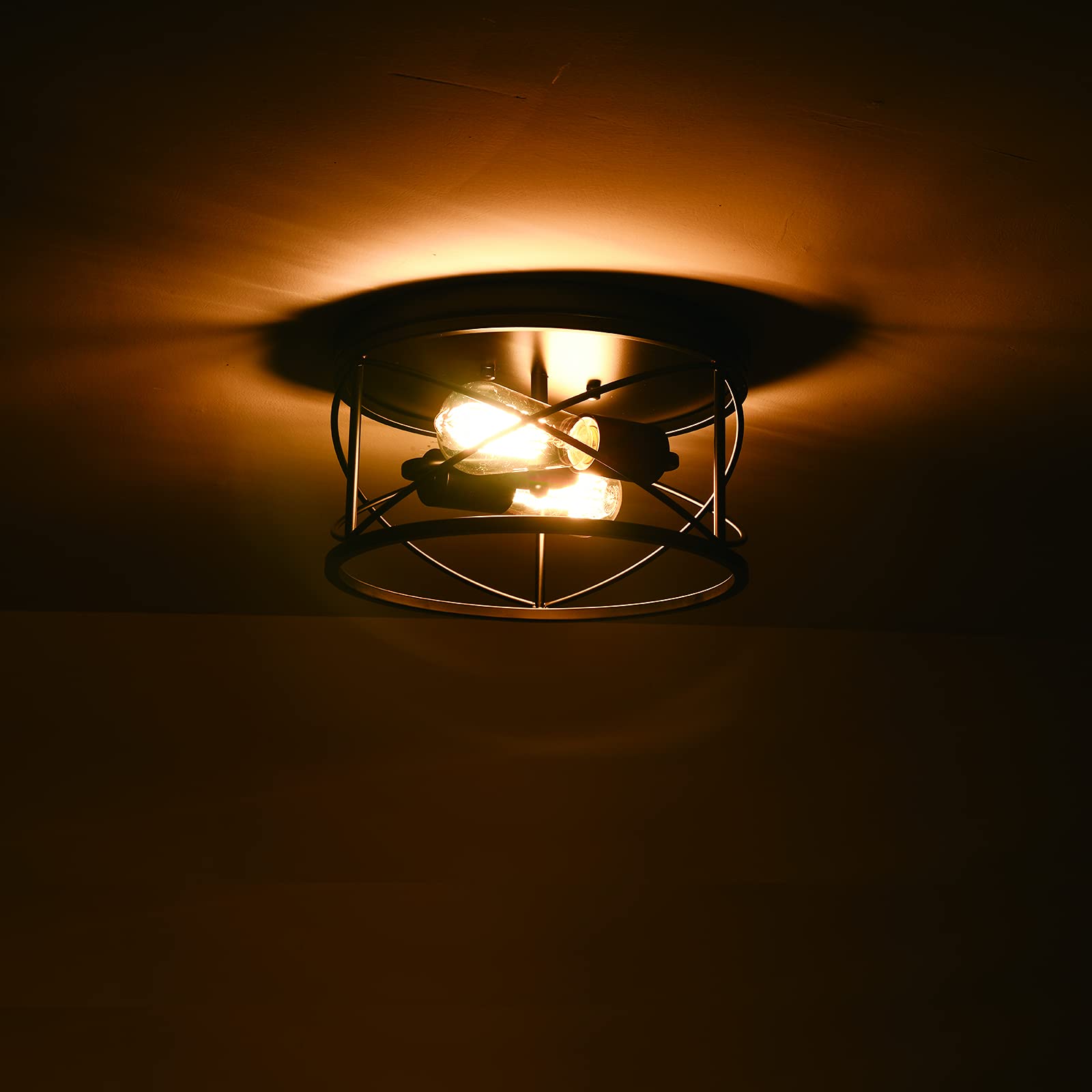 Weltrans 2-Light Flush Mount Ceiling Light Fixture, Industrial Modern Black Ceiling Lamp, Vintage Farmhouse Light Fixture For Ha