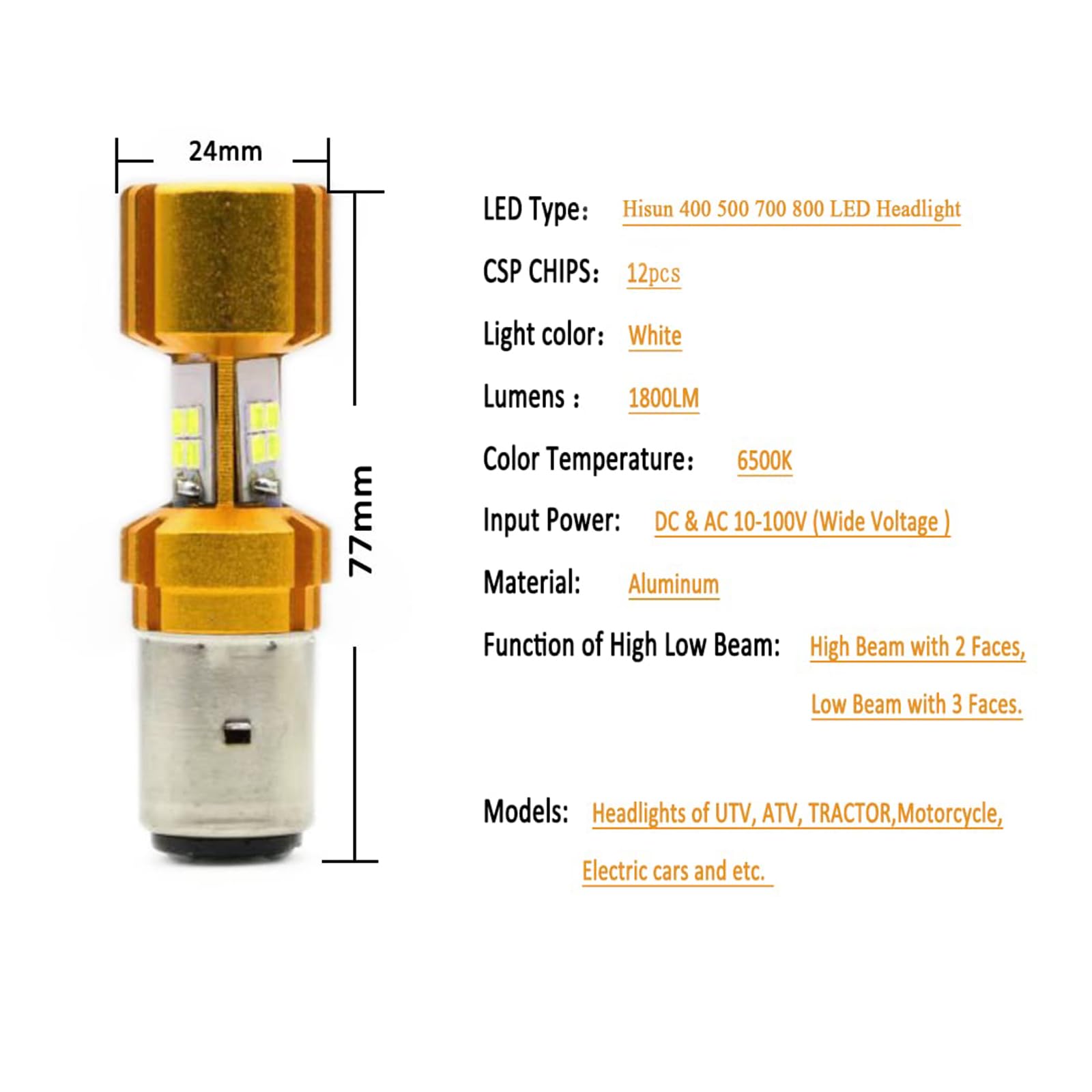 QYMOTO Hisun LED Bulb Lamp - Ultra Bright, White, Aluminum, Model QYMDP0001 for 400 500 700 UTV/ATV, Axis 500