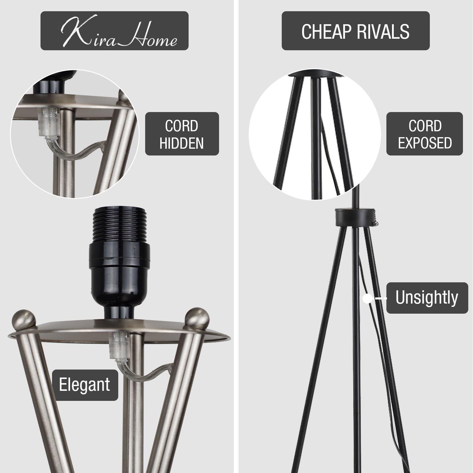 Kira Home Sadie 60 Mid Century Modern Tripod Led Floor Lamp, Brushed Nickel Finish, Gray Shade, Model Rv-F5017-Bn-Gr, Eco-Friendly Bulb Included
