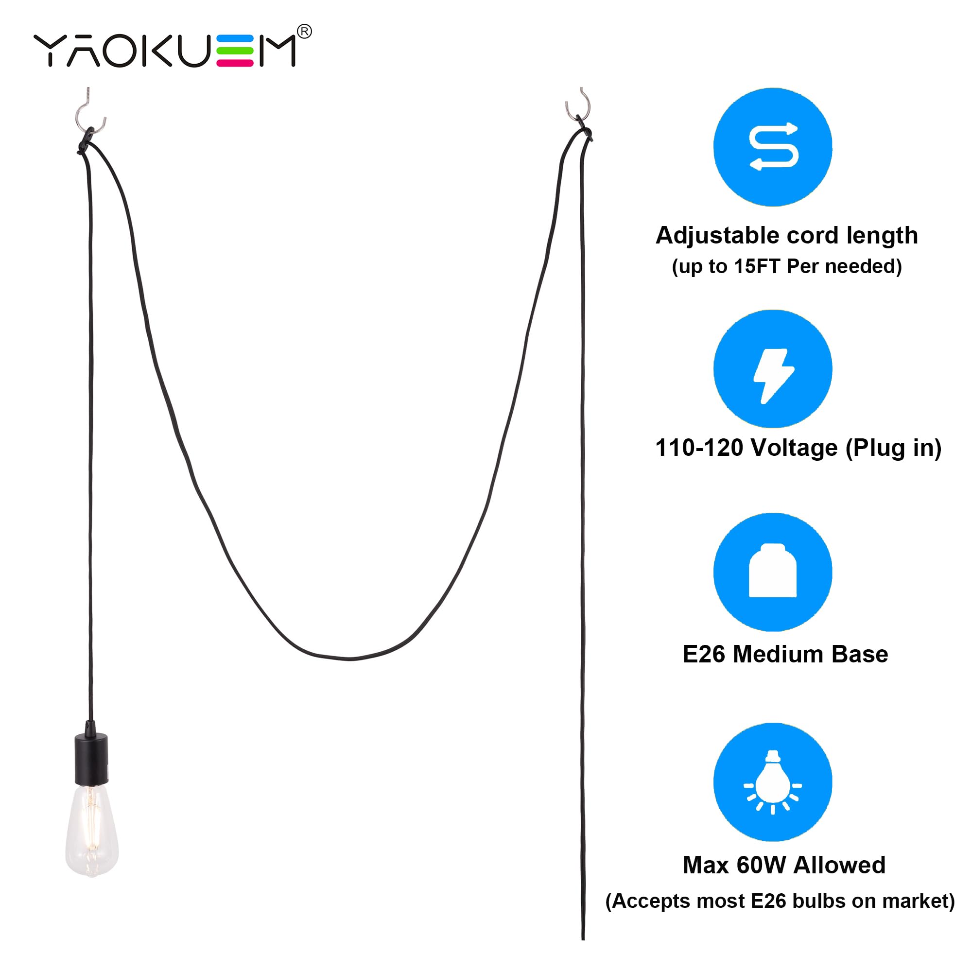Yaokuem Pendant Lighting, Plug In Hanging Light Kits With On/Off Switch, 15 Feet Cord Kit, Bulb Not Included, Black, 3 Pack