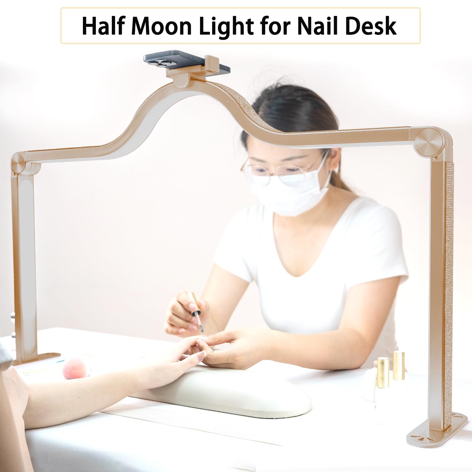 KEDAO Nail Tech Lamp - Adjustable Dimmable LED Half Moon Light, 34 Inch, Aluminum, Gold