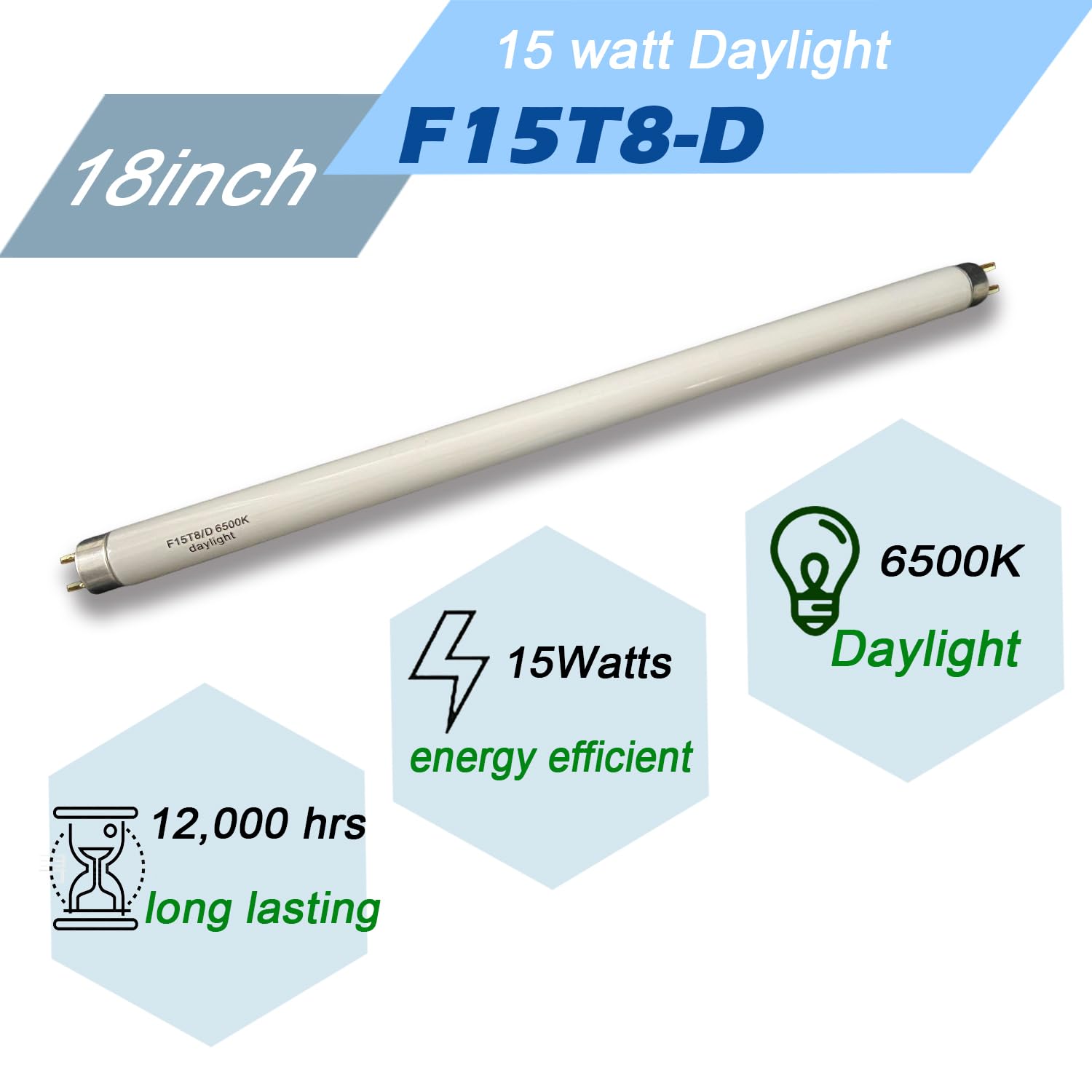 Flyercatch F15T8-D 15W Fluorescent Bulb, 18'' Daylight T8 Linear Glass Lamp, 6500K Full Spectrum for Aquariums & Plant Lighting