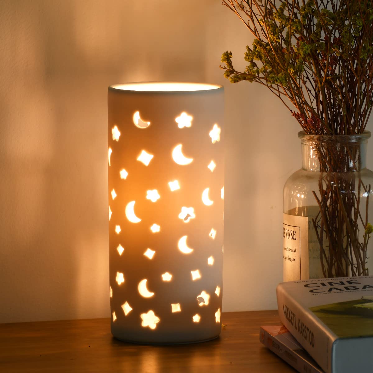 Lampwell Modern Ceramic Moon Carving Table Lamp, White, Φ3.54×H7.87IN, Model 21880, Perfect for Living Room & Bedroom