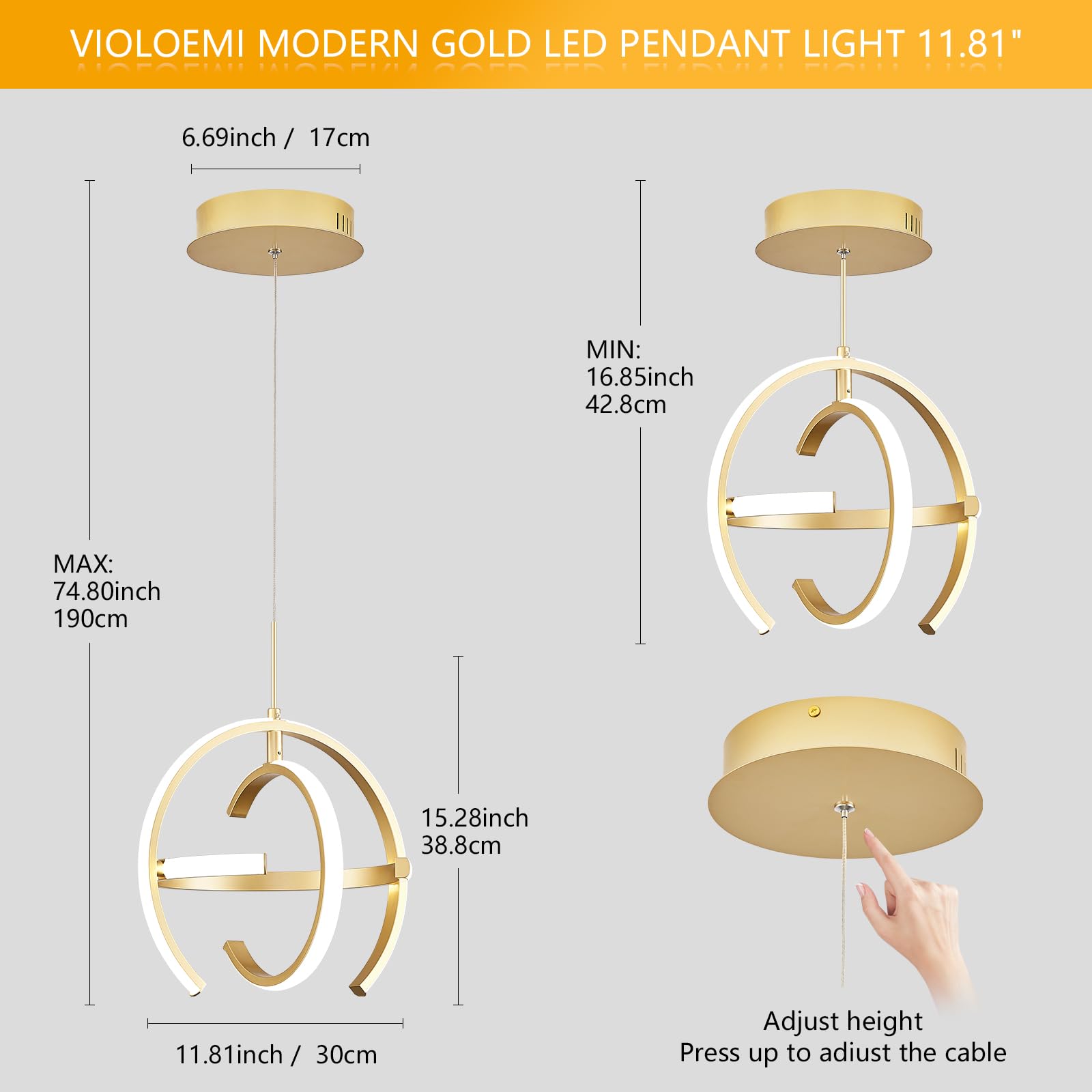Violoemi Modern Gold Led Chandelier, Globe 4000K Pendant Light Fixture, Round Adjustable Height Dining Room Hanging Light For Ki