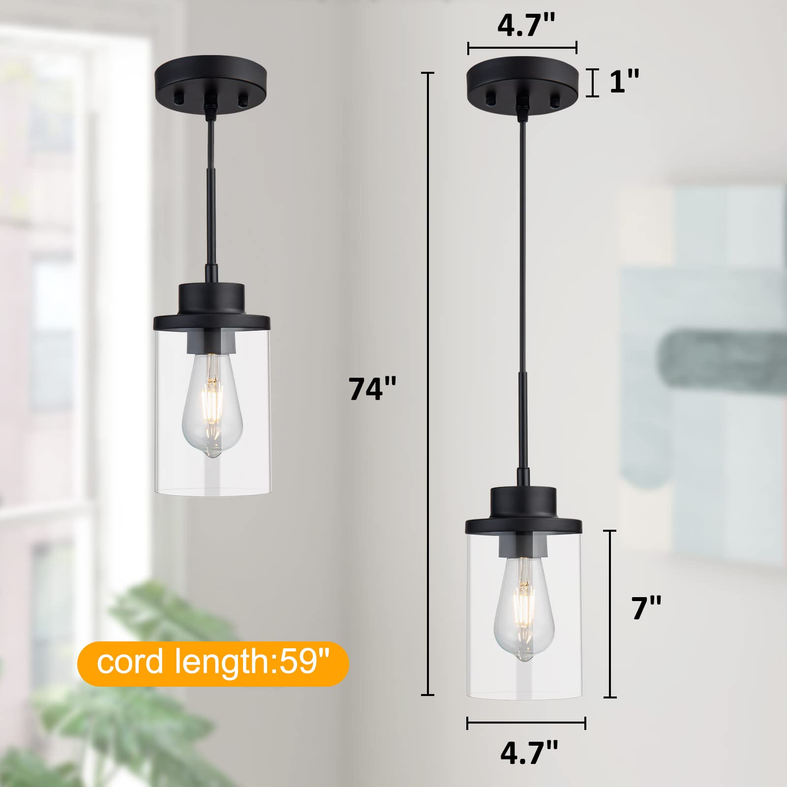 Dalivol Modern Black Farmhouse Clear Glass Cylinder Pendant Light Fixture, Single Hanging Pendant Lighting For Kitchen Island, Dining Room, Foyer & Hallway(2 Packs)