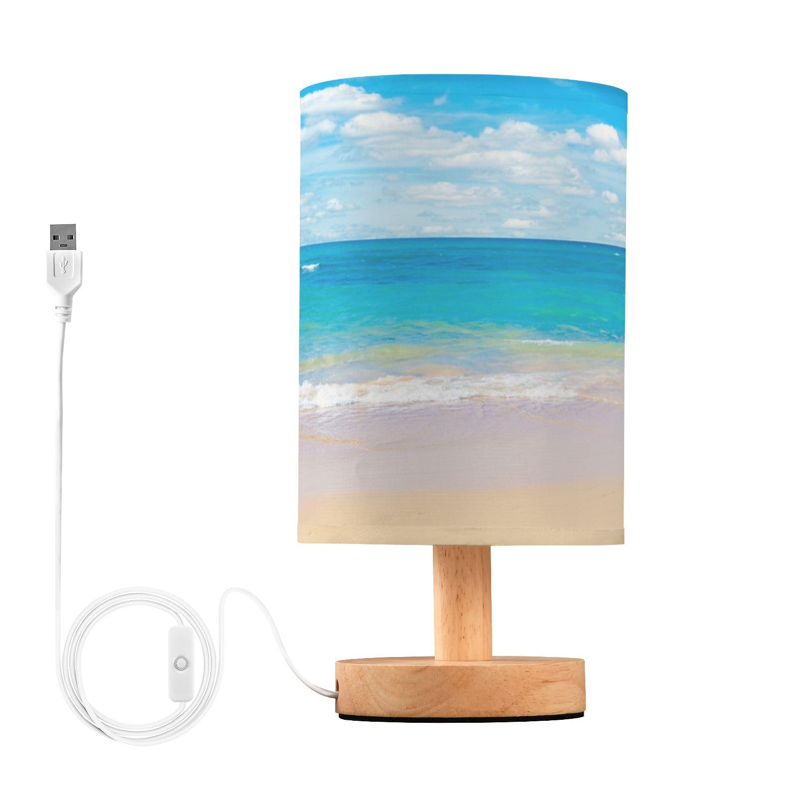 Yyzzh Table Lamp Tropical Sea Summer Blue Ocean With Beach White Cloud On Sky Nightstand Lamp With Wood Base Fabric Lamp Shade B