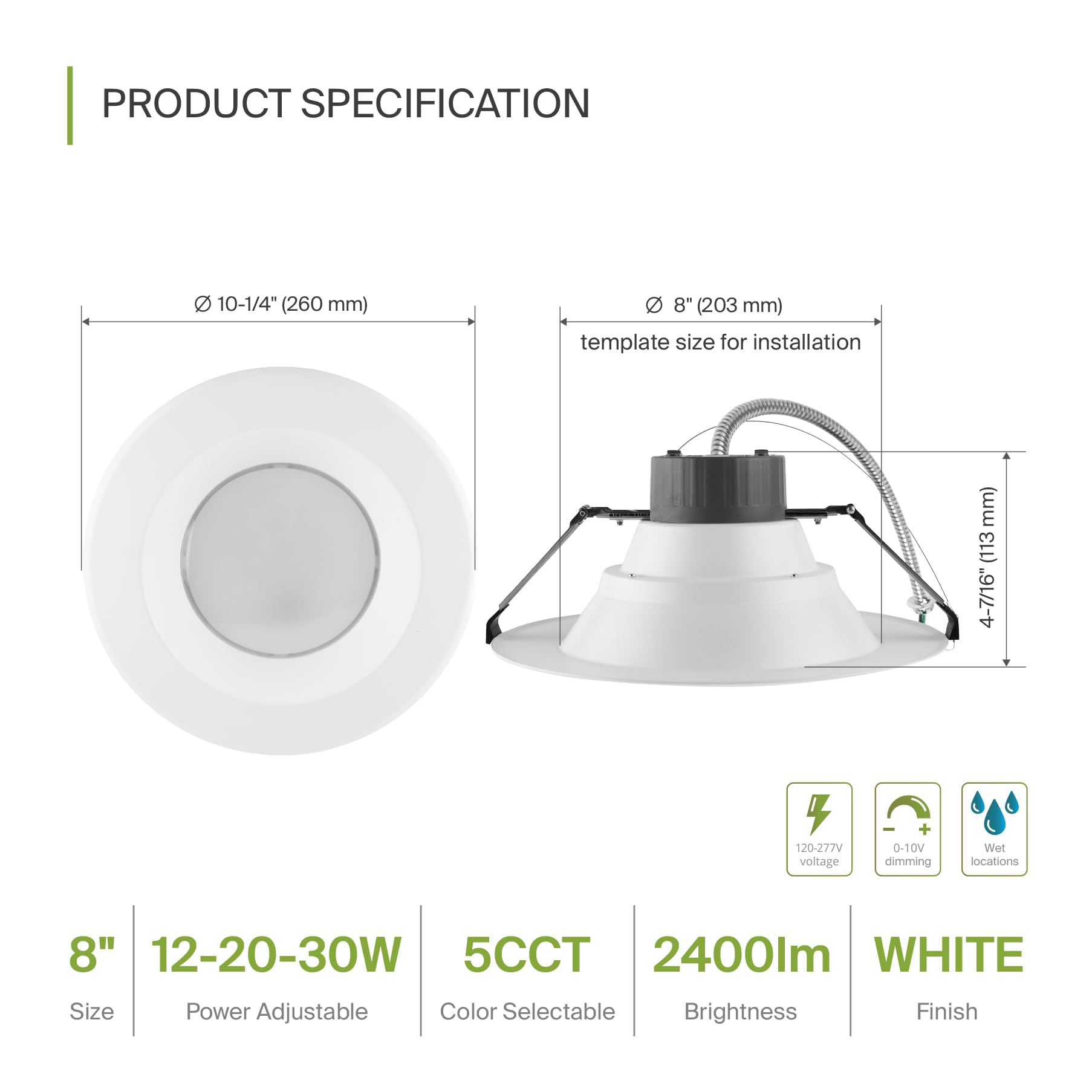 ASD 8 Inch Canless LED Downlight, Dimmable, Power Adjustable 12/20/30W, 5 Color Temps, 4 Pack, White, Model A-CDL7