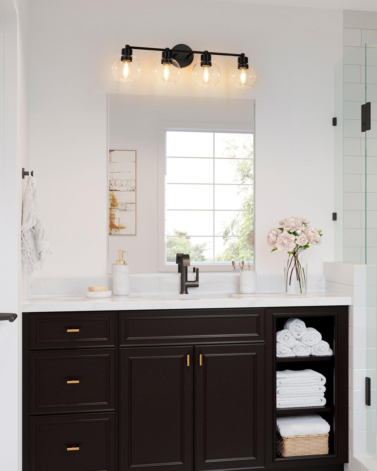 Wilon Matte Black Vanity Light  Modern 4 Light Bathroom Vanity Light With Globe Clear Glass Shades  Wall Sconces With E26 Base  Bathroom Lighting Fixtures Over Mirror  Wall Lamp For Bedroom