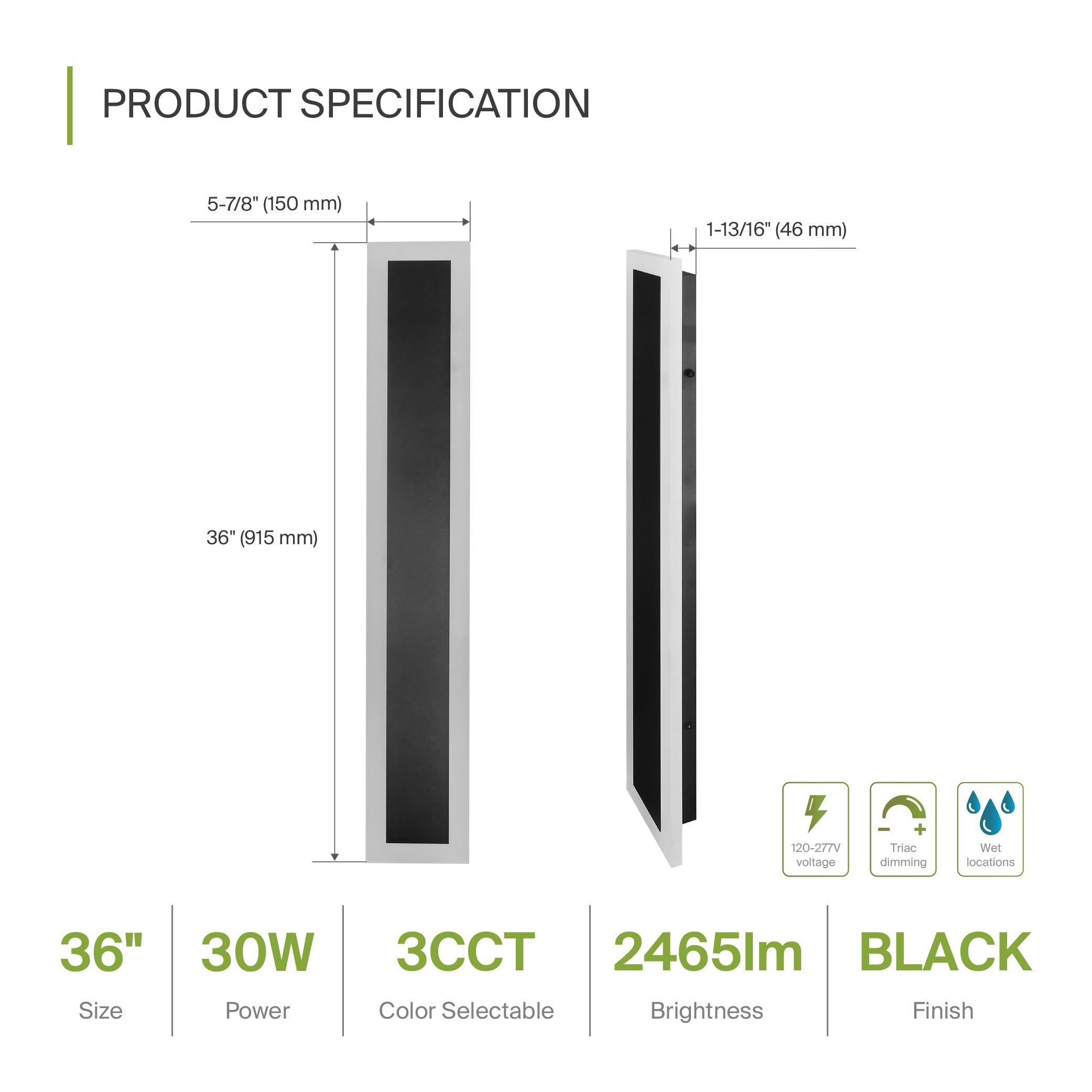 ASD LED Wall Light Fixture, 36 Inch, 30W 2350LM, Dimmable, Waterproof, Black, Model A-LWS27A-36D30BK