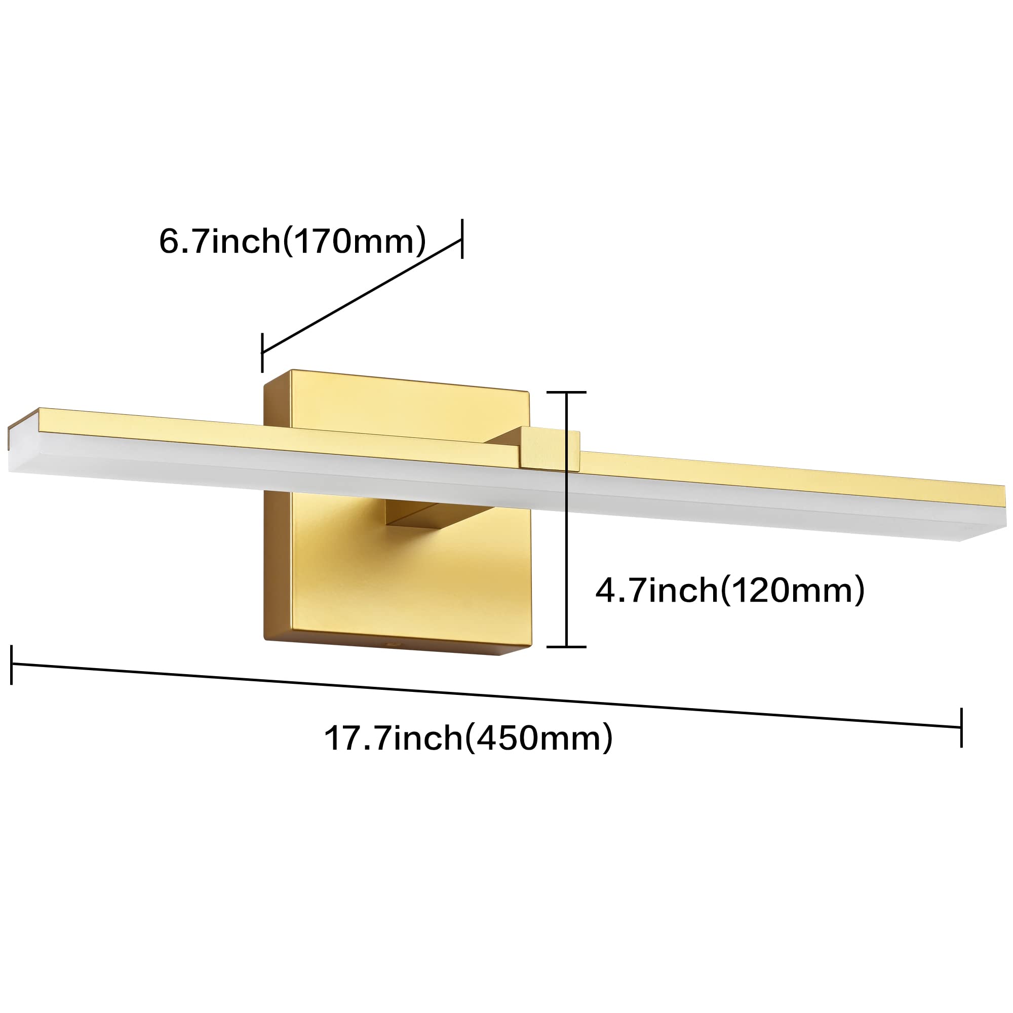 ZUZITO Dimmable LED Vanity Light Bar Over Mirror, 18 Inch, Gold Finished Aluminum with Frosted White Acrylic Shade, Model Z9650-450mm-Gold