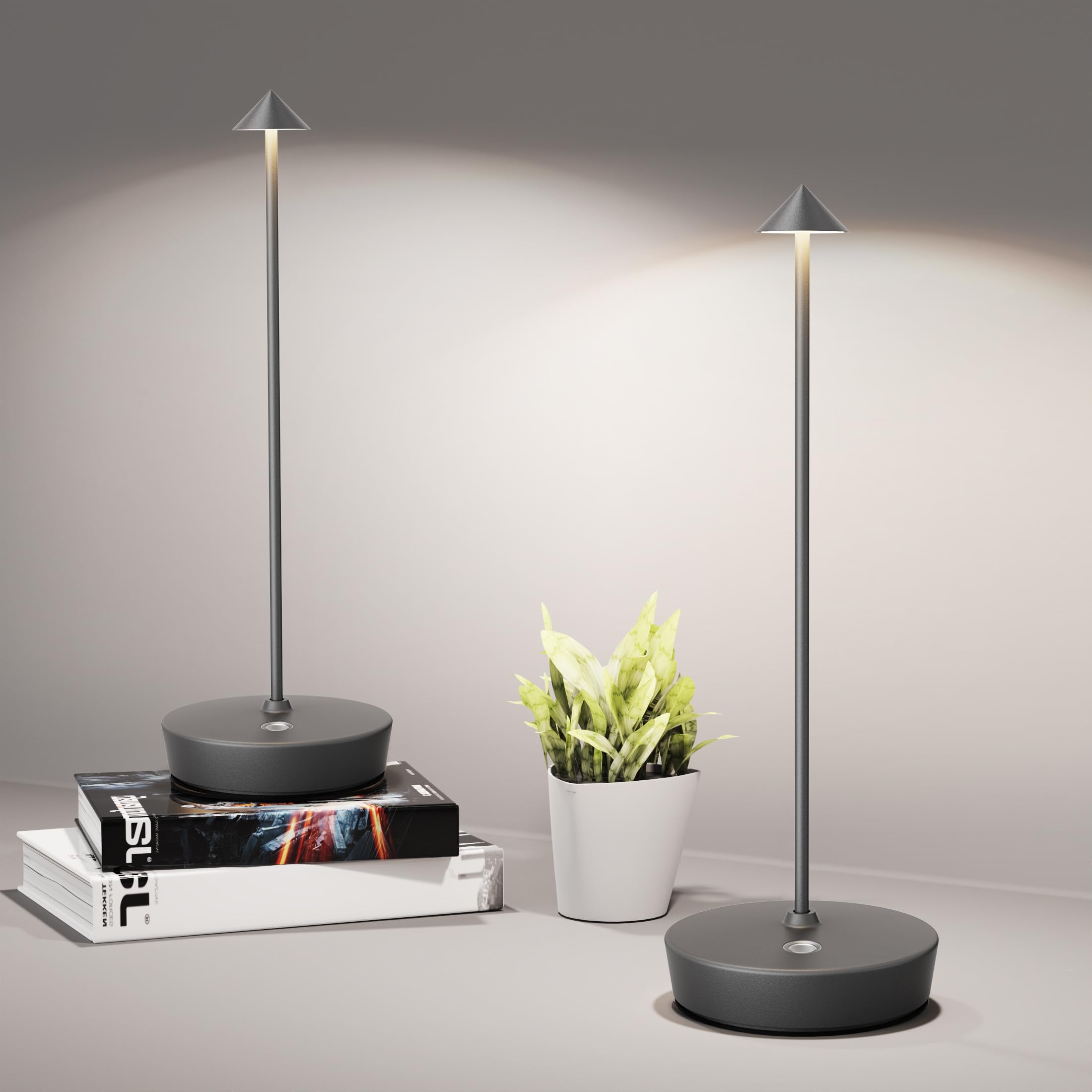 SHANGCAI Cordless Table Lamps LED, Rechargeable 6000mAh, Waterproof, Touch Dimmable, Set of 2, Grey