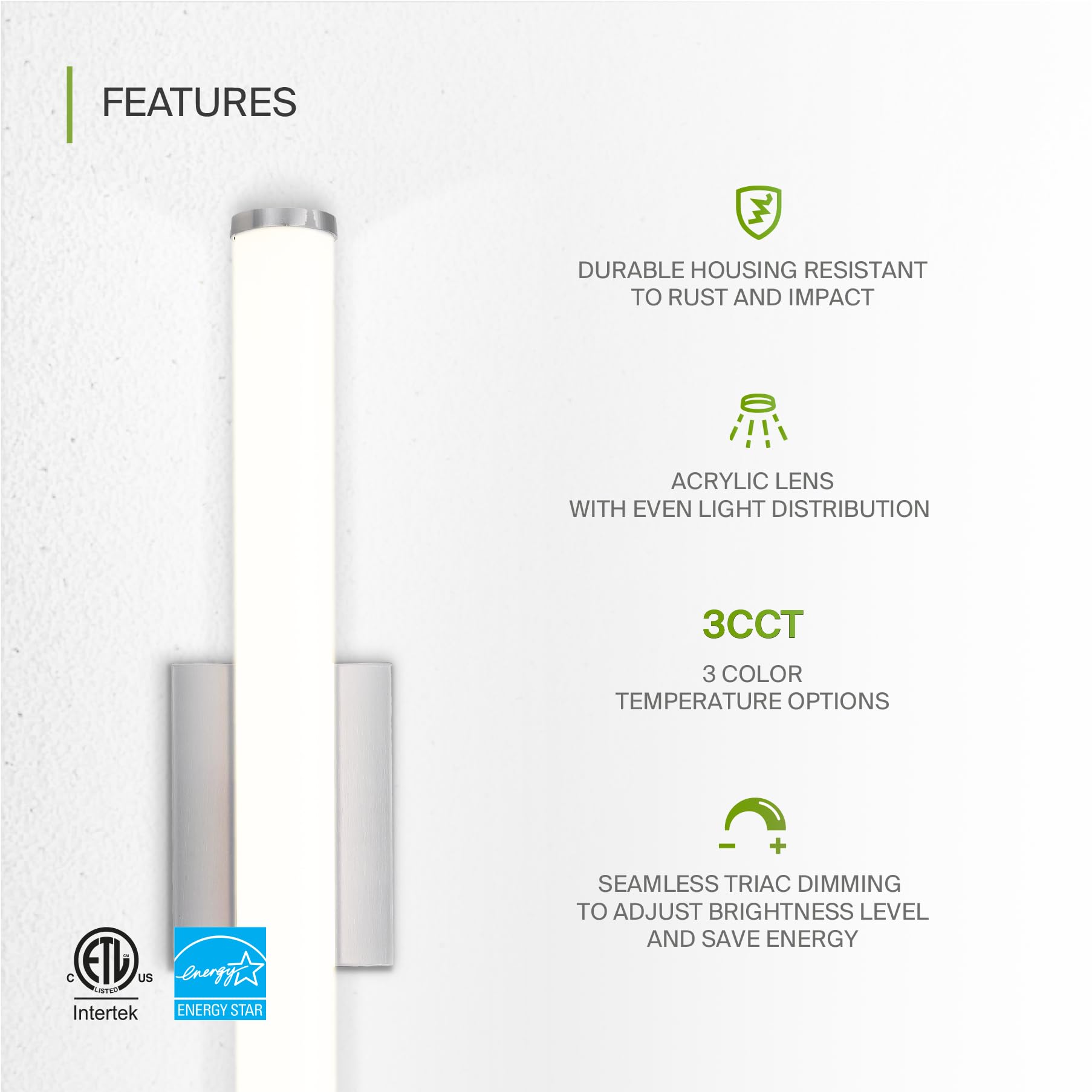 Asd Led 24 Vanity Wall Mount Light Fixture  Linear Bathroom Lighting Bar | 3Cct  Dimmable  Energy Star  Etl Listed | 25W 1750Lm 3000-5000K 120V | Long Tube Bath Sconce Over Mirror | Nickel  2 Pack