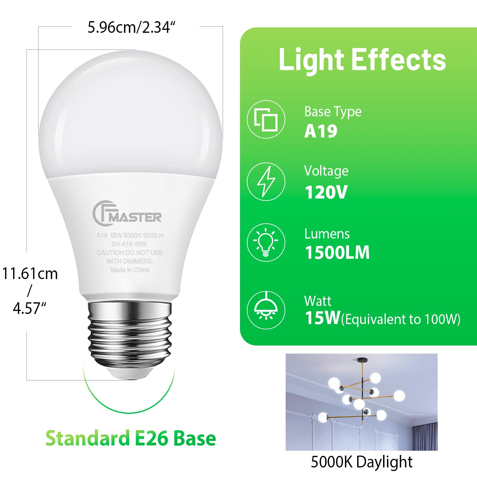 Jiangsiling A19 Led Light Bulb, 100W Equivalent Light Bulbs, 15W 5000K Daylight, 1500 Lumens, Non-Dimmable Led Bulb, E26 Standar
