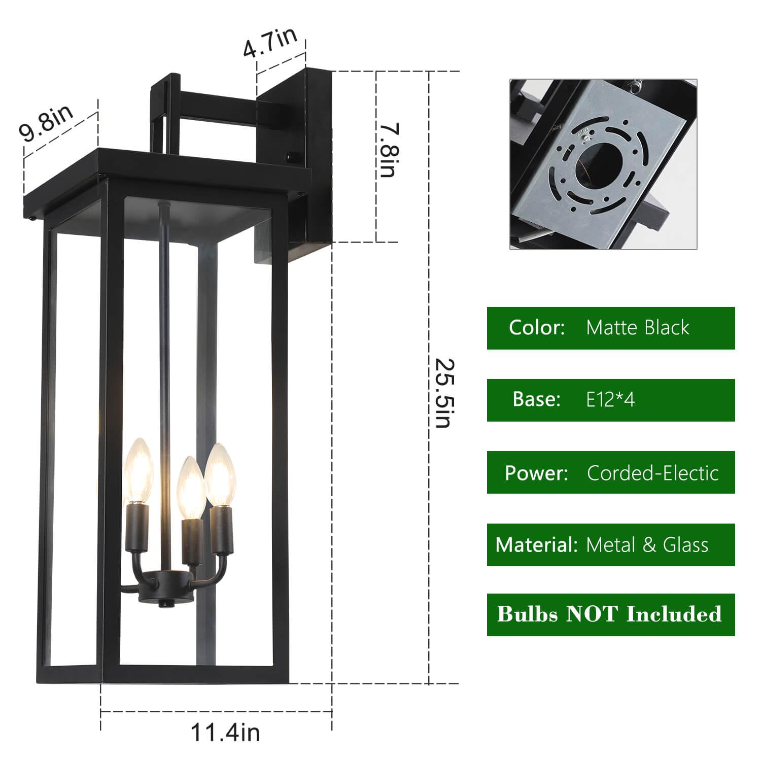 tewei Outdoor Wall Lantern - 26" Waterproof Matte Black Sconce with Clear Glass Shade, E12 Base, Modern Design for Porch/Garage (1 Pack)